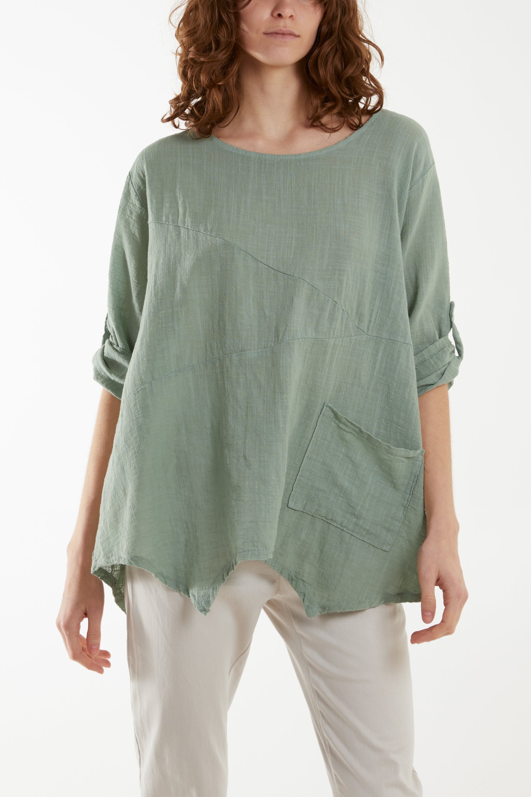 Pure Cotton Asymmetric Hem Pocket Top Blouses WearAll Khaki One Size