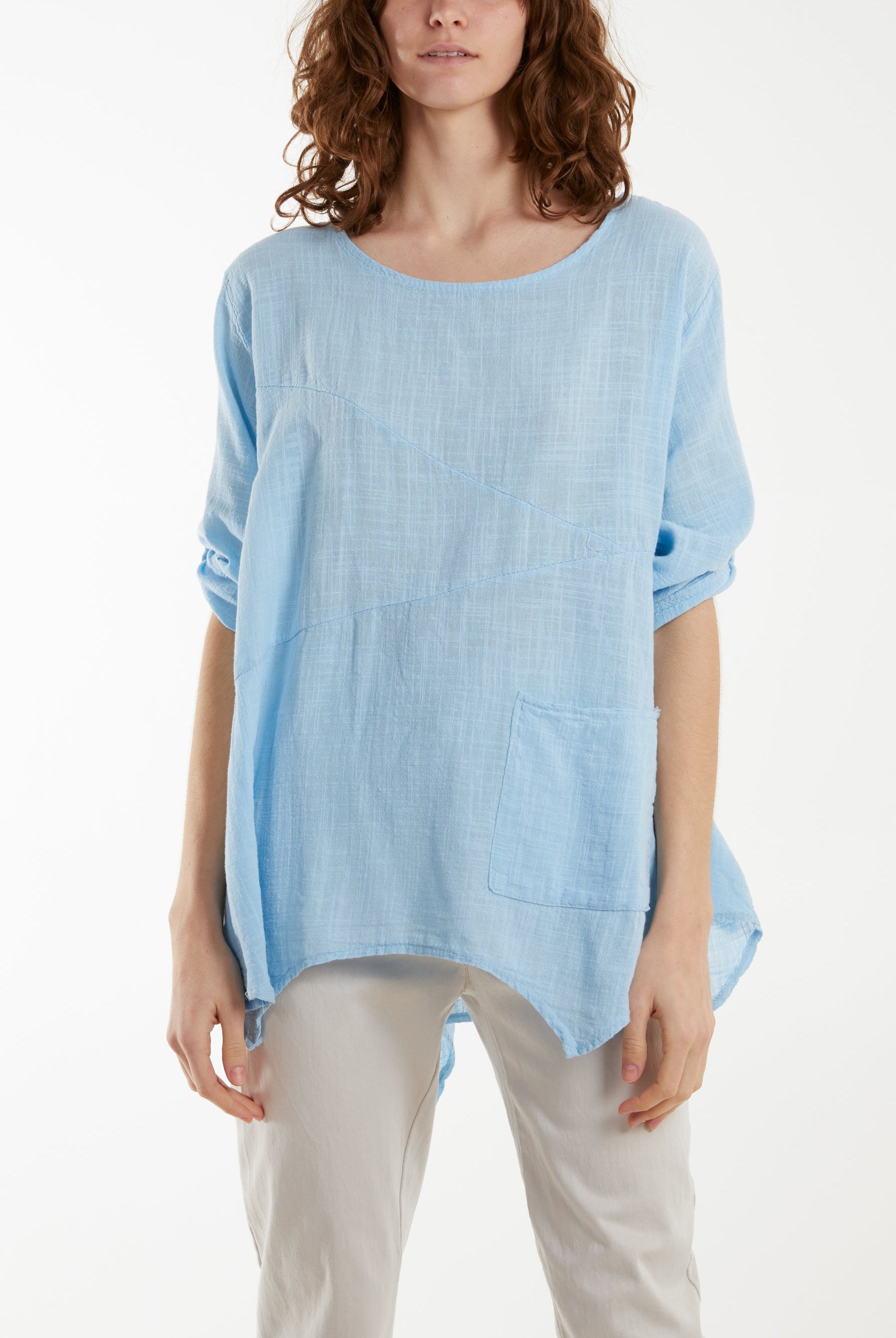 Pure Cotton Asymmetric Hem Pocket Top Blouses WearAll Light Blue One Size