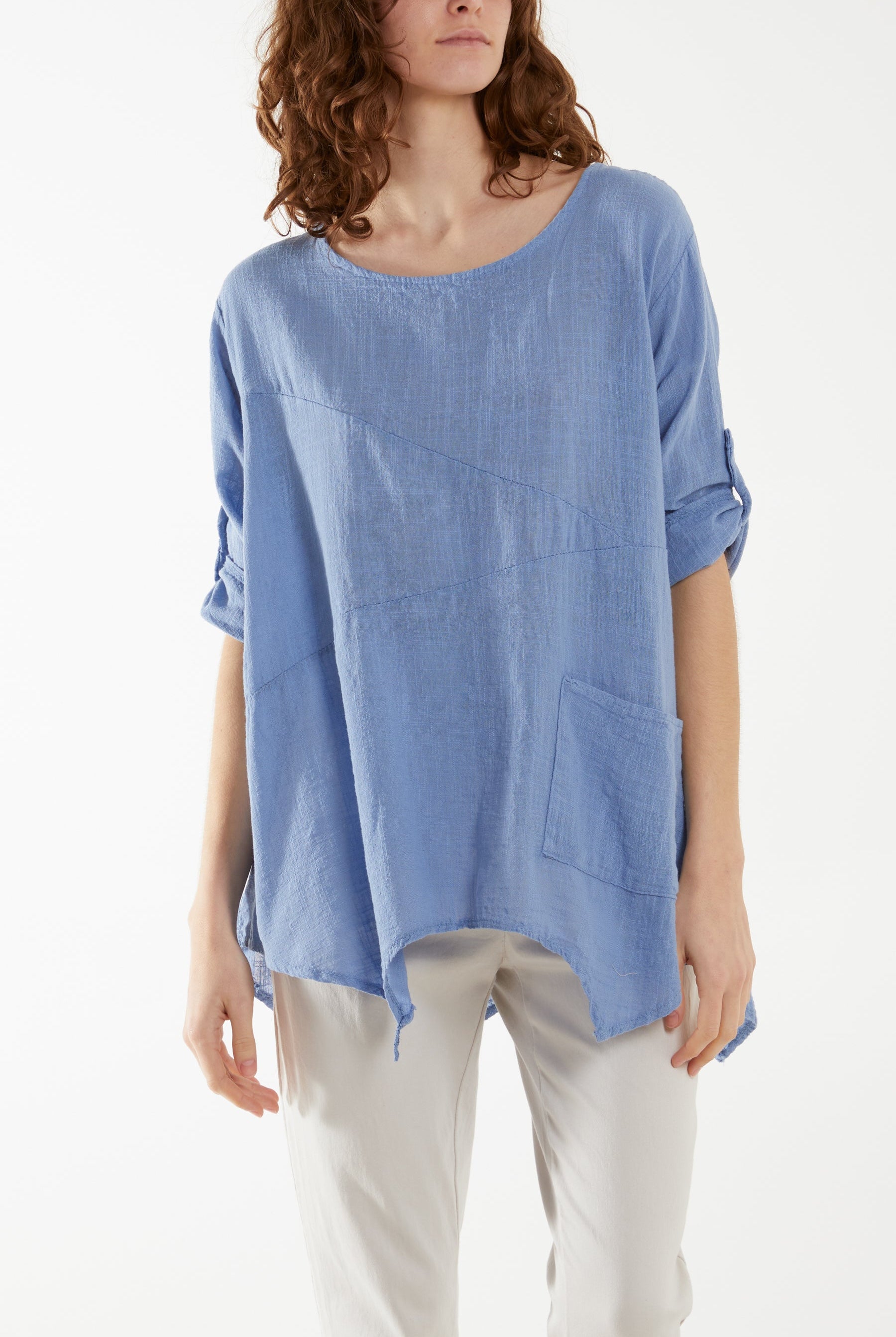 Pure Cotton Asymmetric Hem Pocket Top Blouses WearAll Denim One Size