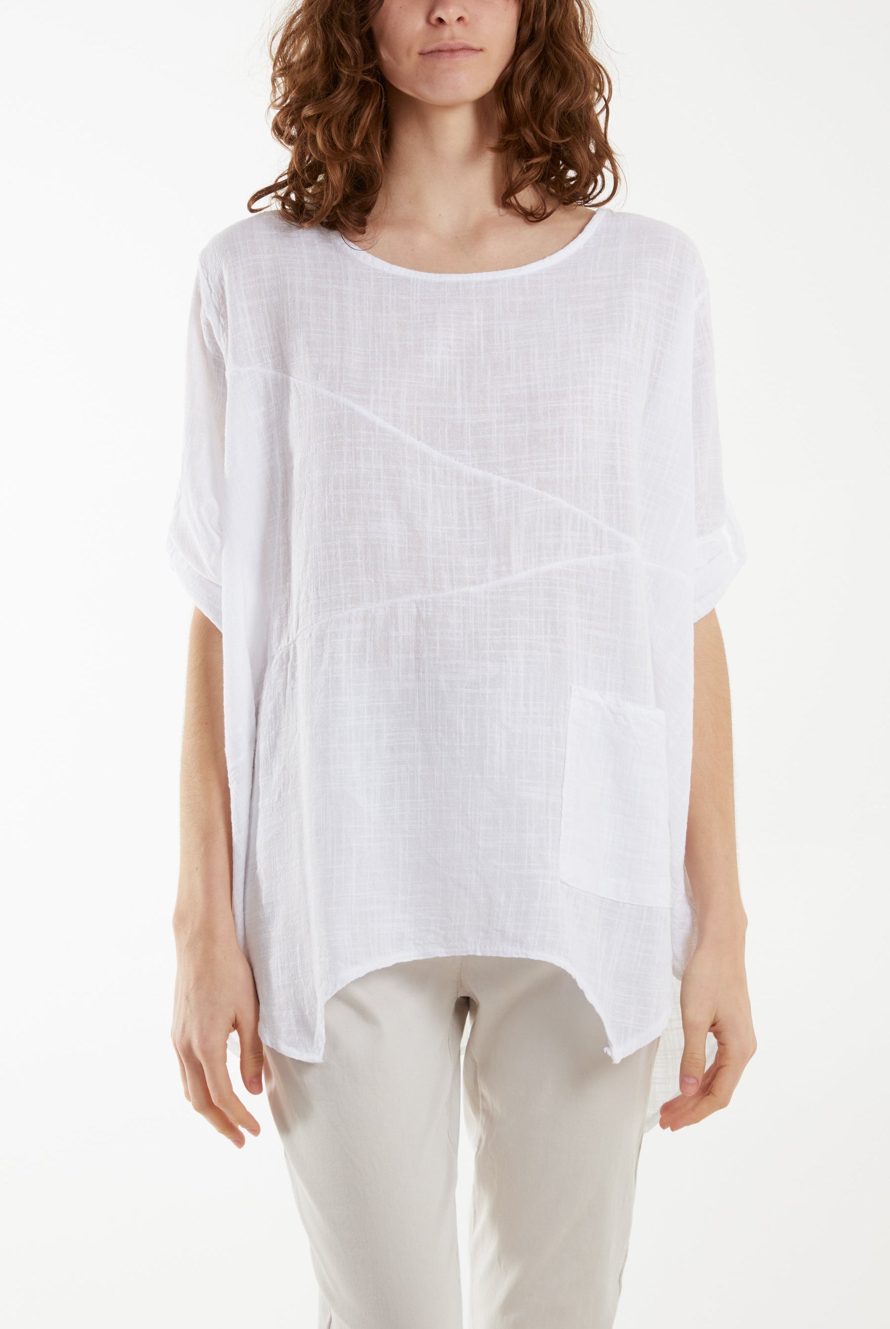 Pure Cotton Asymmetric Hem Pocket Top Blouses WearAll White One Size