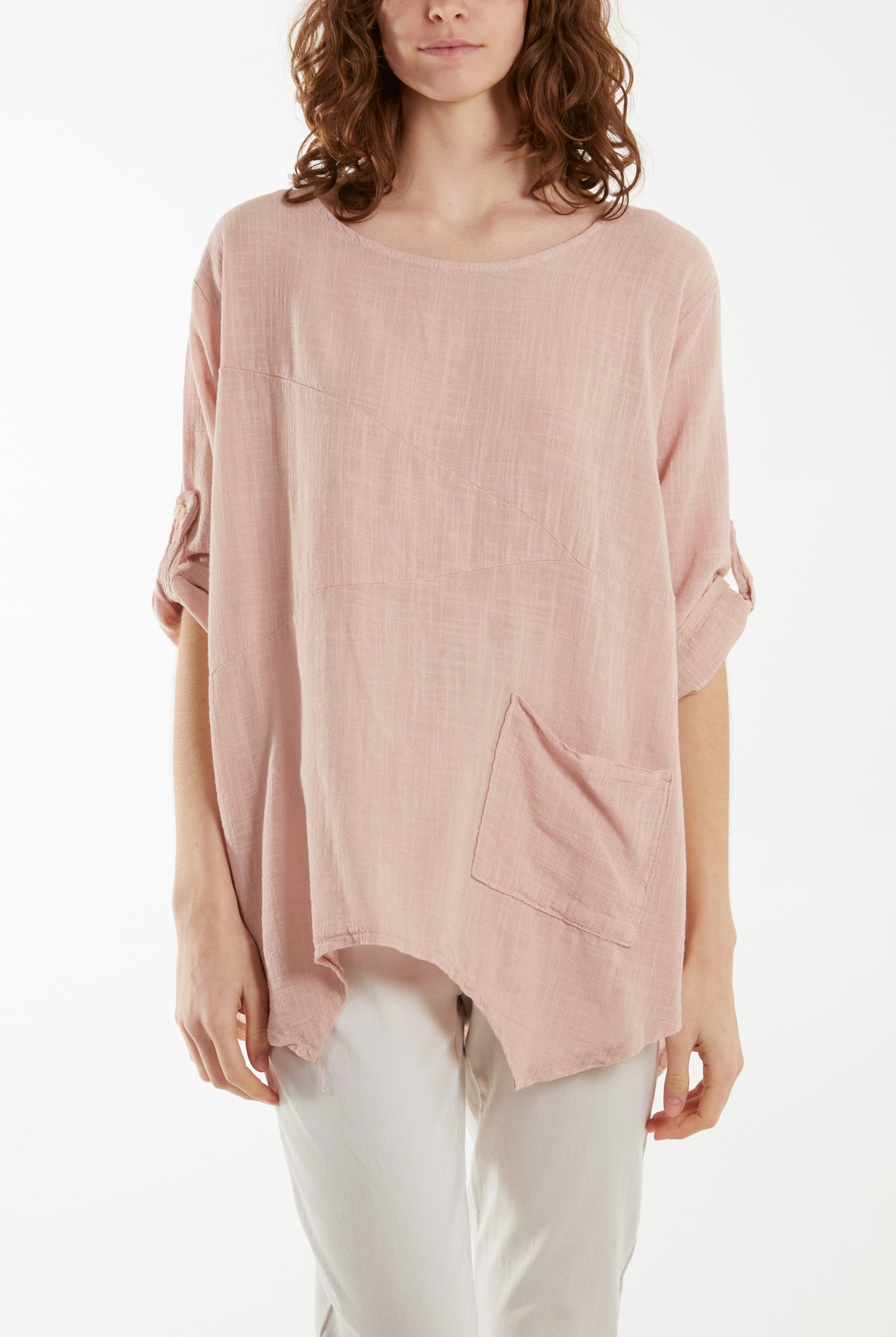 Pure Cotton Asymmetric Hem Pocket Top Blouses WearAll Blush One Size