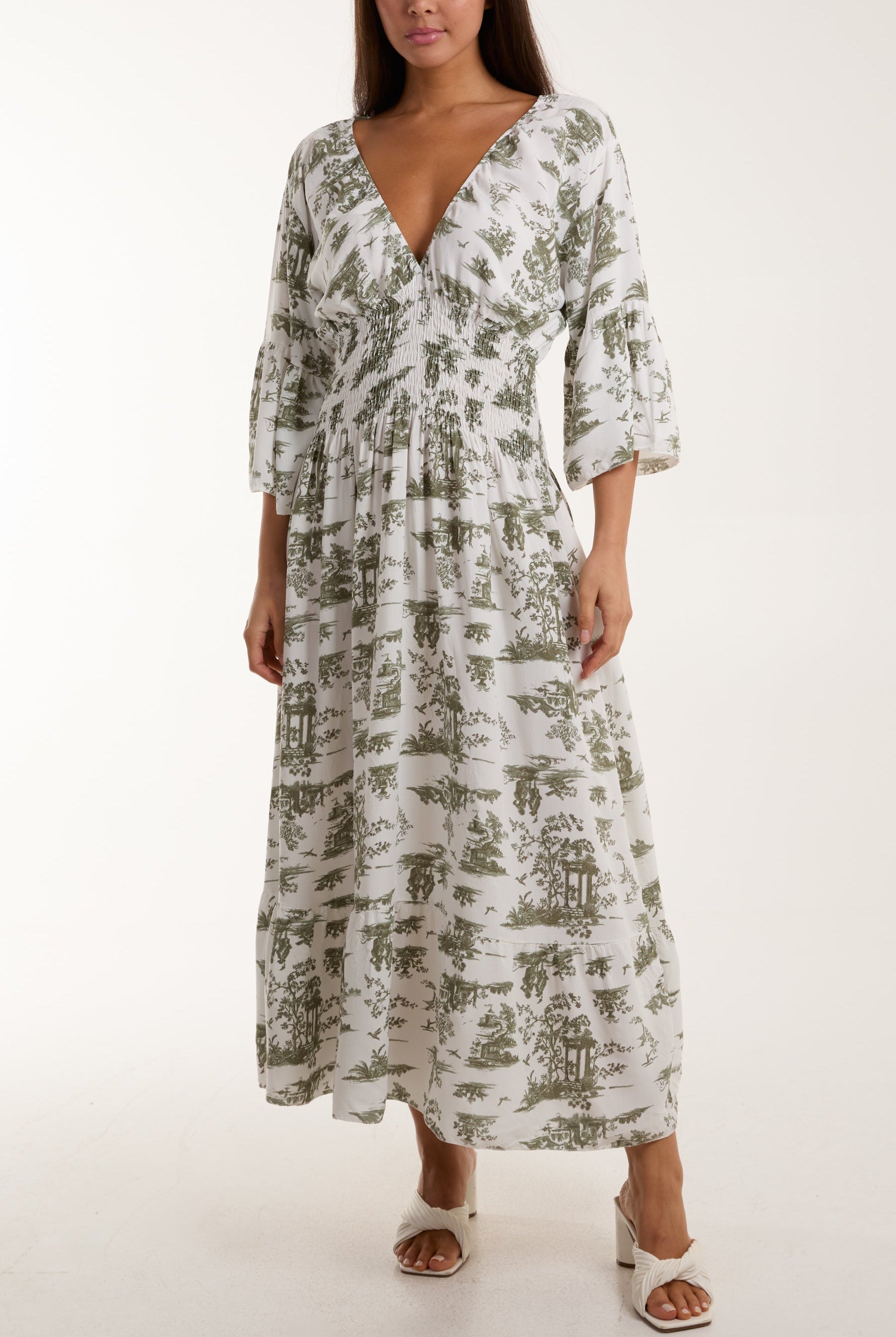 Toile De Jouy Shirred Bodice Midi Dress Dresses WearAll Khaki One Size