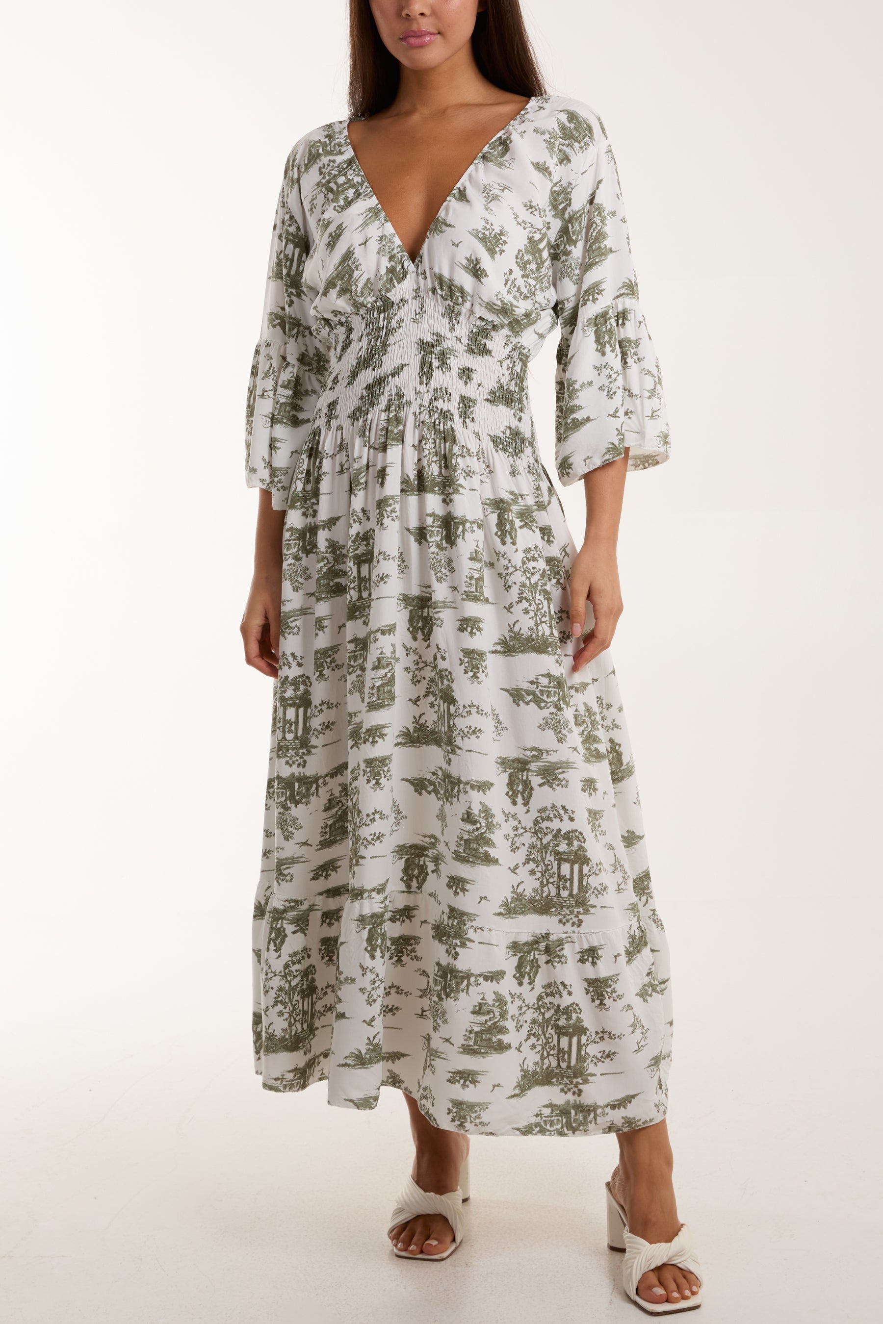 Toile De Jouy Shirred Bodice Midi Dress Dresses WearAll Khaki One Size