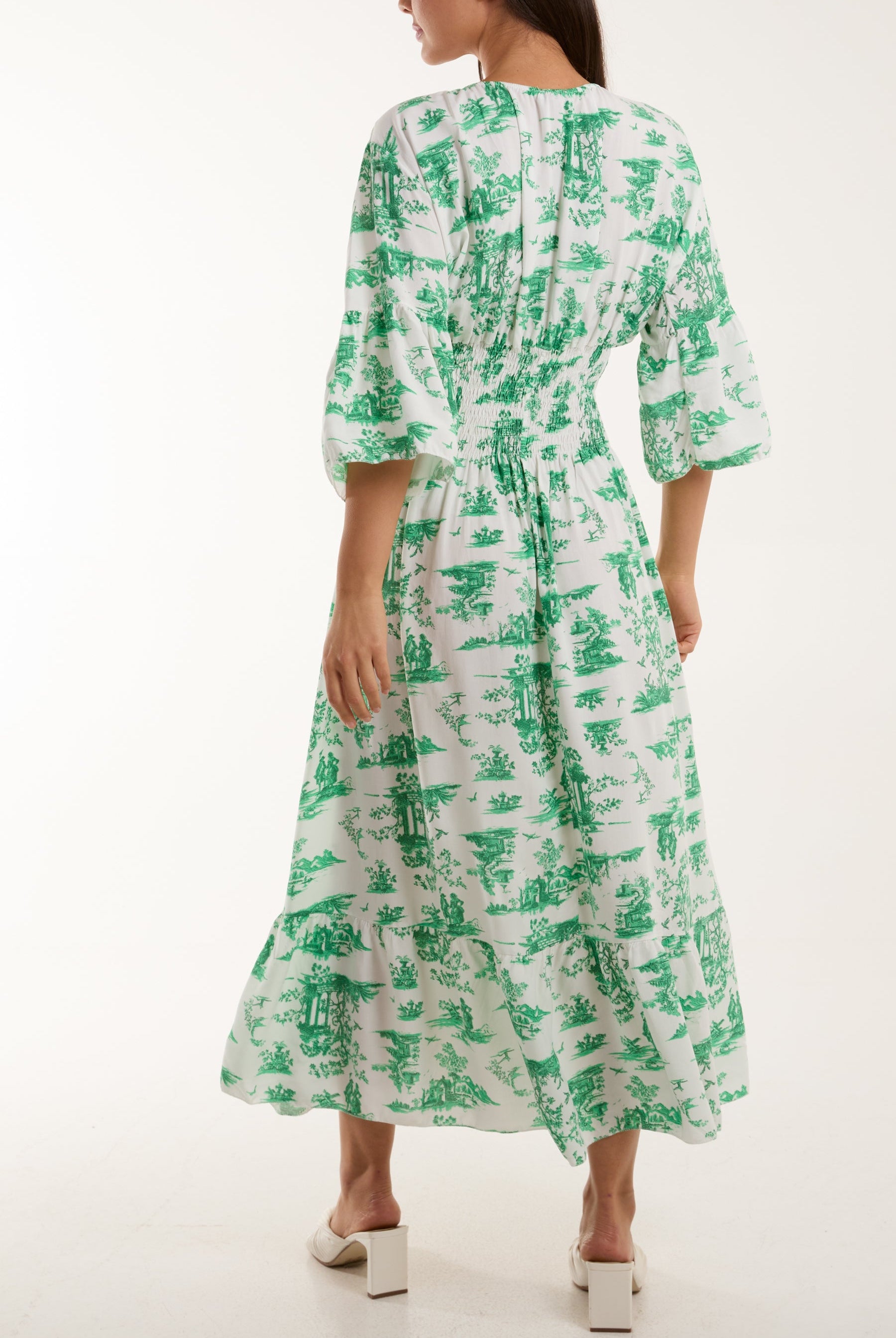 Toile De Jouy Shirred Bodice Midi Dress Dresses WearAll