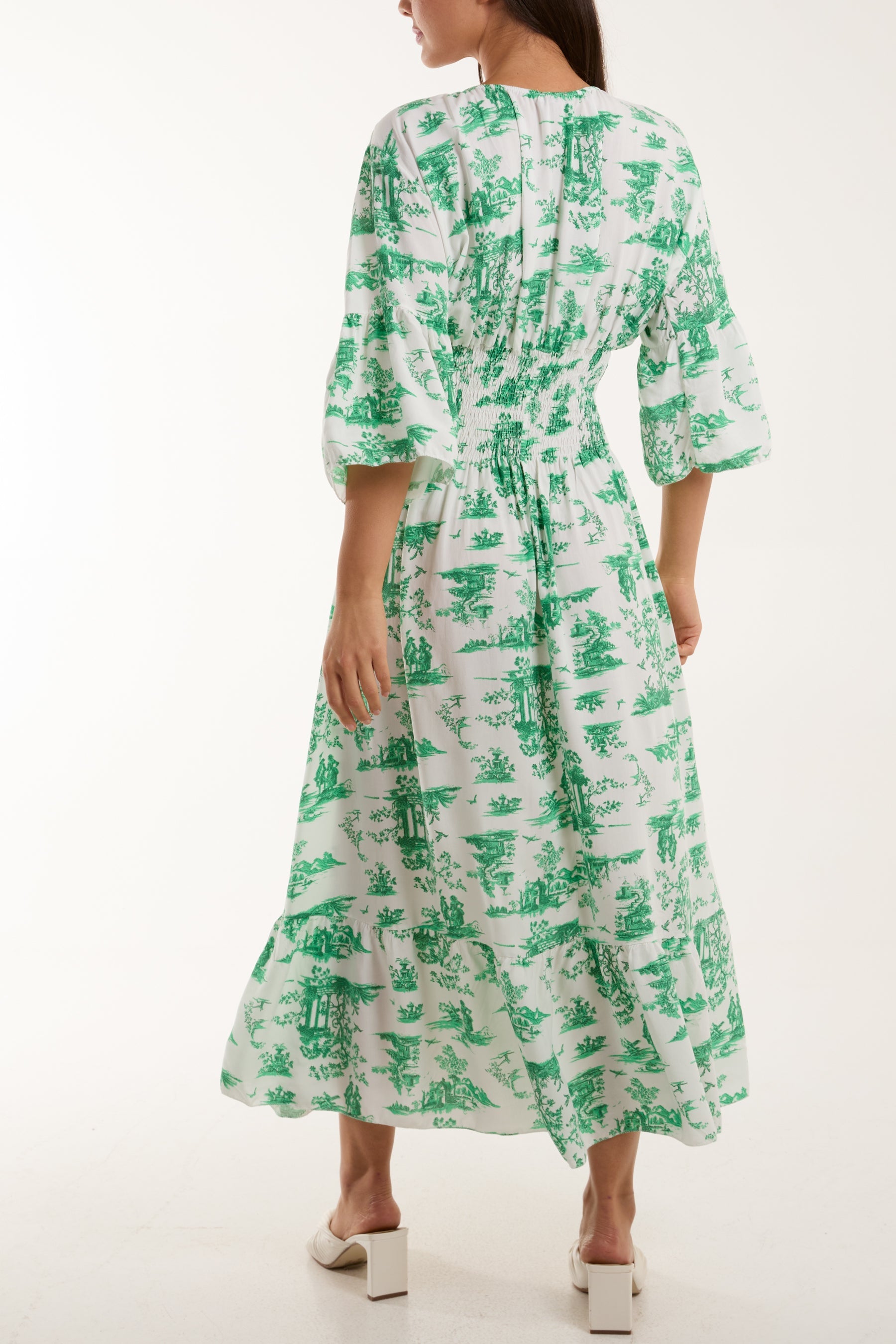 Toile De Jouy Shirred Bodice Midi Dress Dresses WearAll