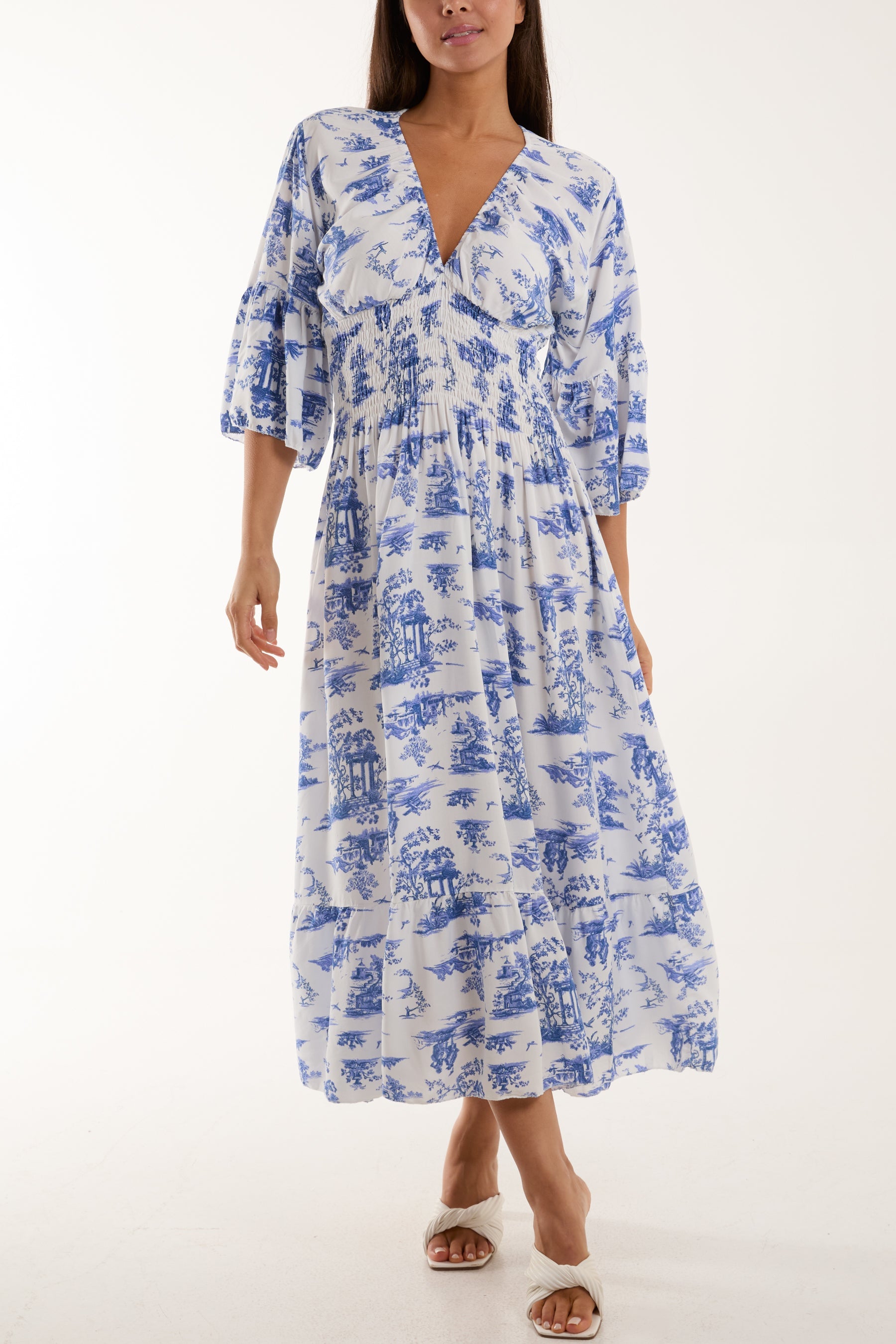 Toile De Jouy Shirred Bodice Midi Dress Dresses WearAll Royal Blue One Size