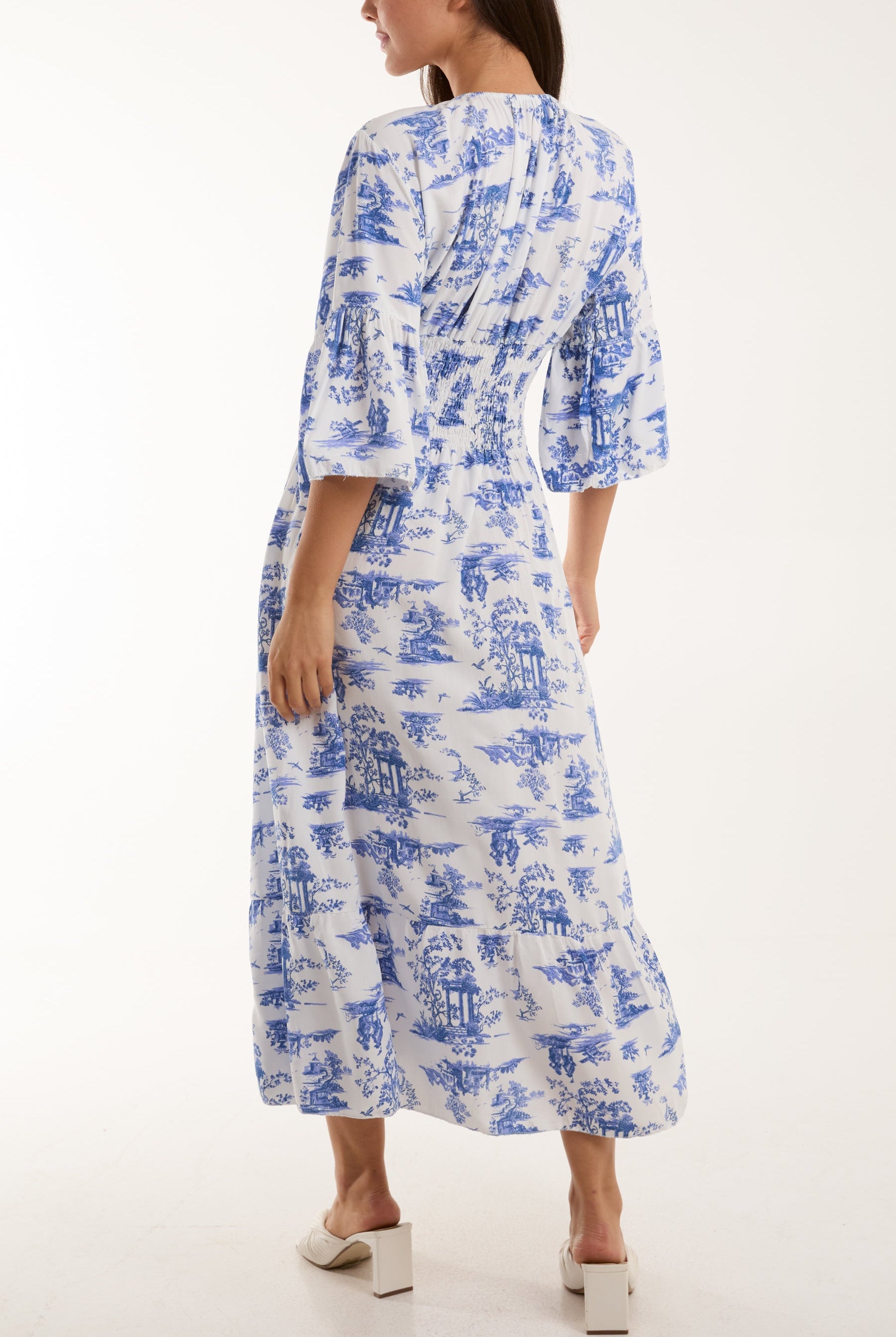 Toile De Jouy Shirred Bodice Midi Dress Dresses WearAll