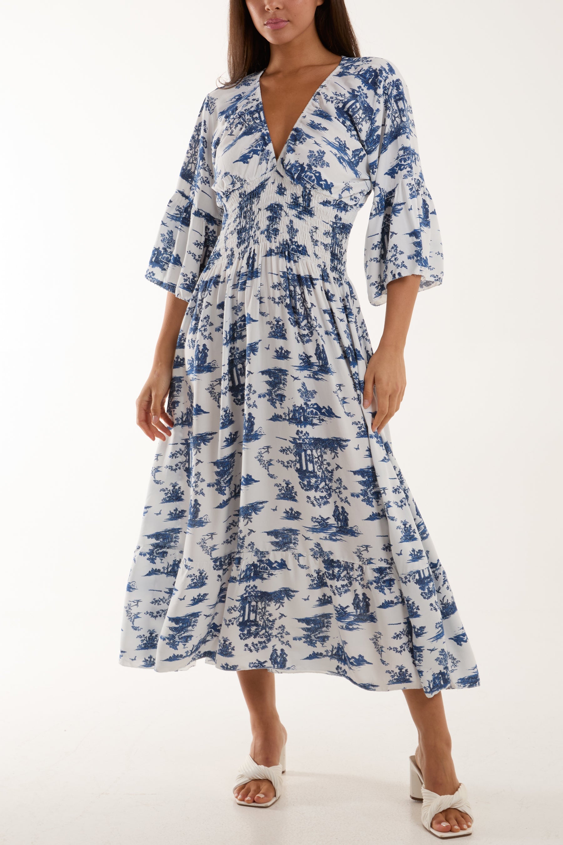 Toile De Jouy Shirred Bodice Midi Dress Dresses WearAll Navy One Size