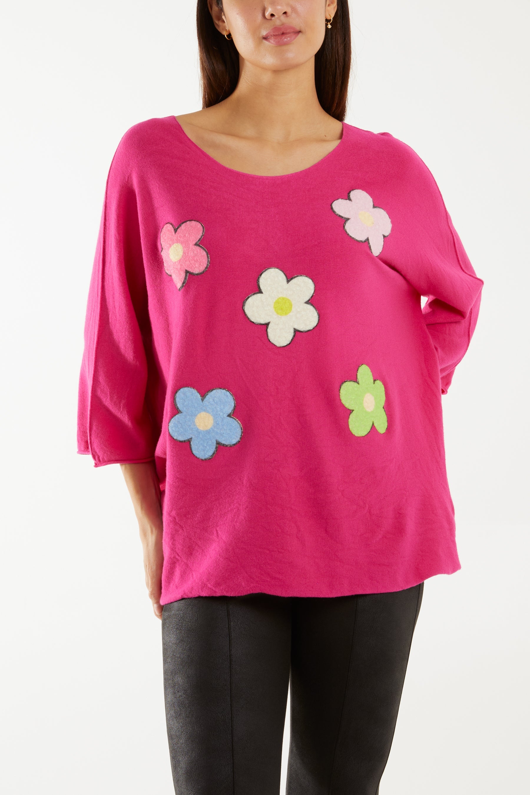 Multicolour Daisy 3/4 Sleeve Jumper Jumpers WearAll Fuchsia One Size