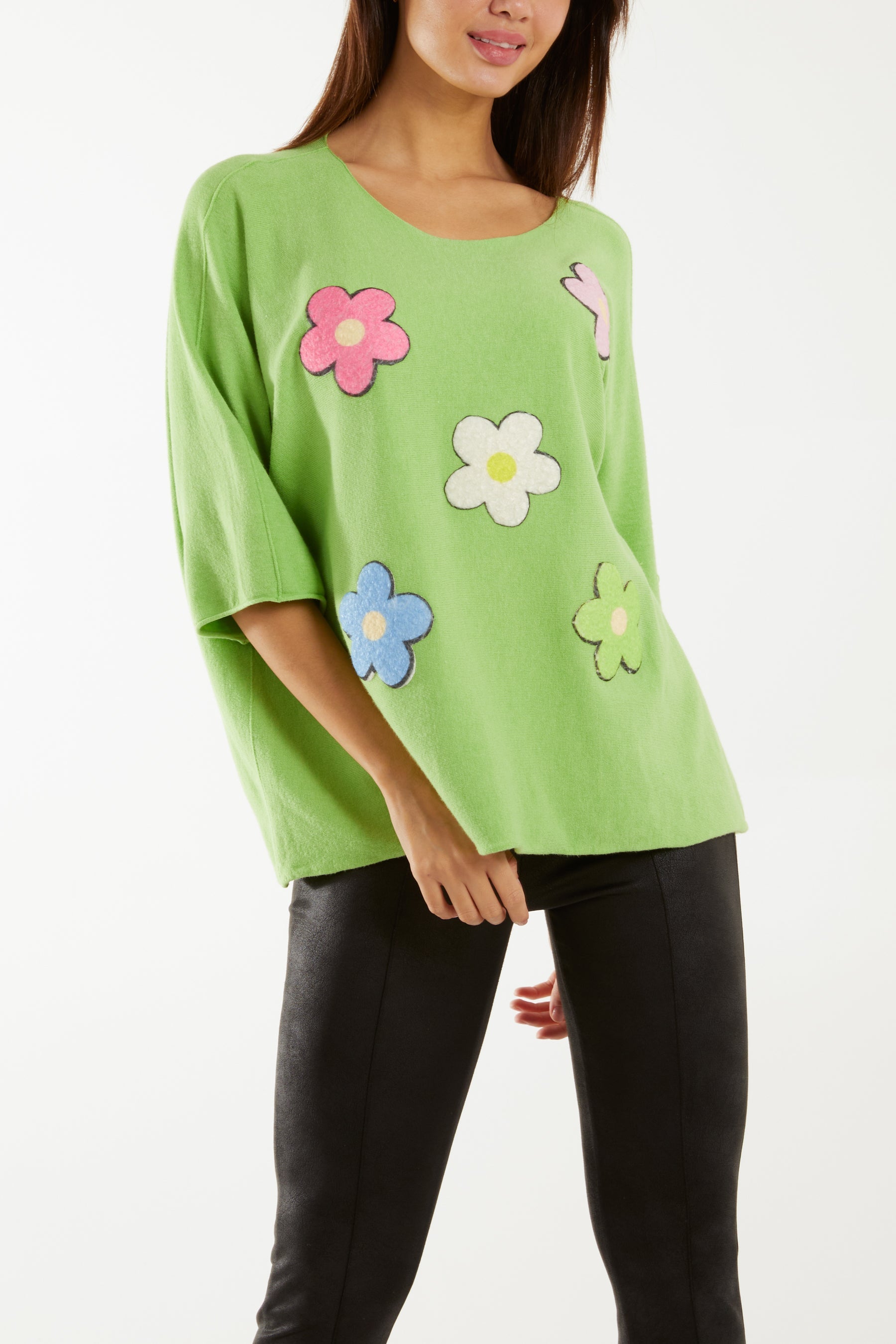 Multicolour Daisy 3/4 Sleeve Jumper Jumpers WearAll Apple Green One Size