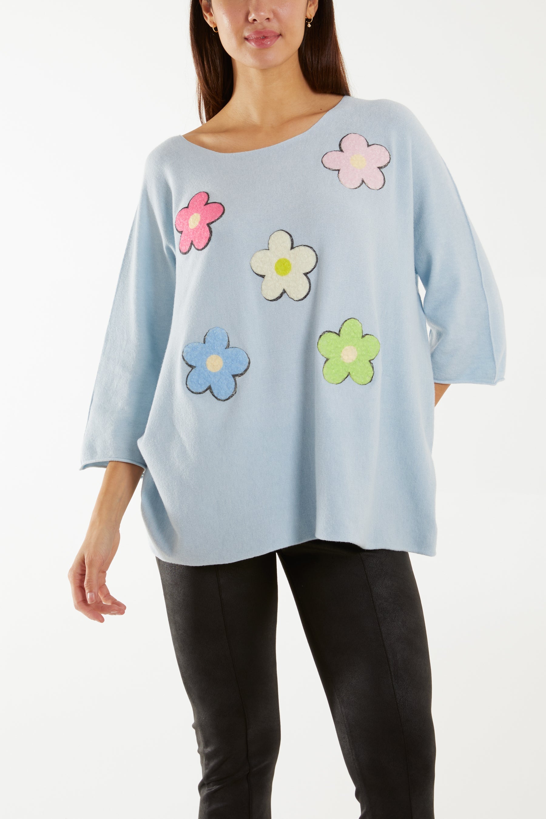 Multicolour Daisy 3/4 Sleeve Jumper Jumpers WearAll Light Blue One Size