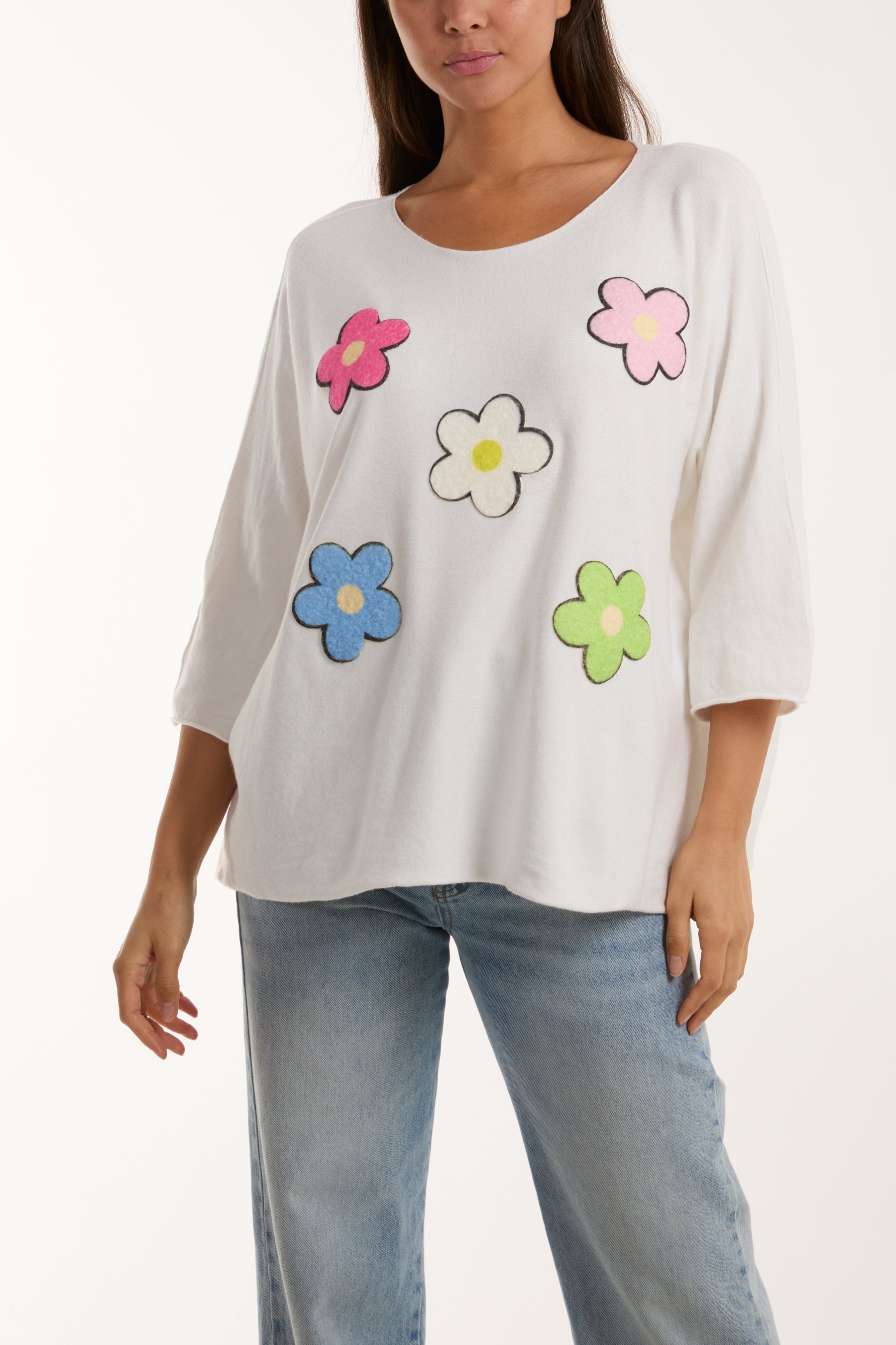 Multicolour Daisy 3/4 Sleeve Jumper Jumpers WearAll White One Size