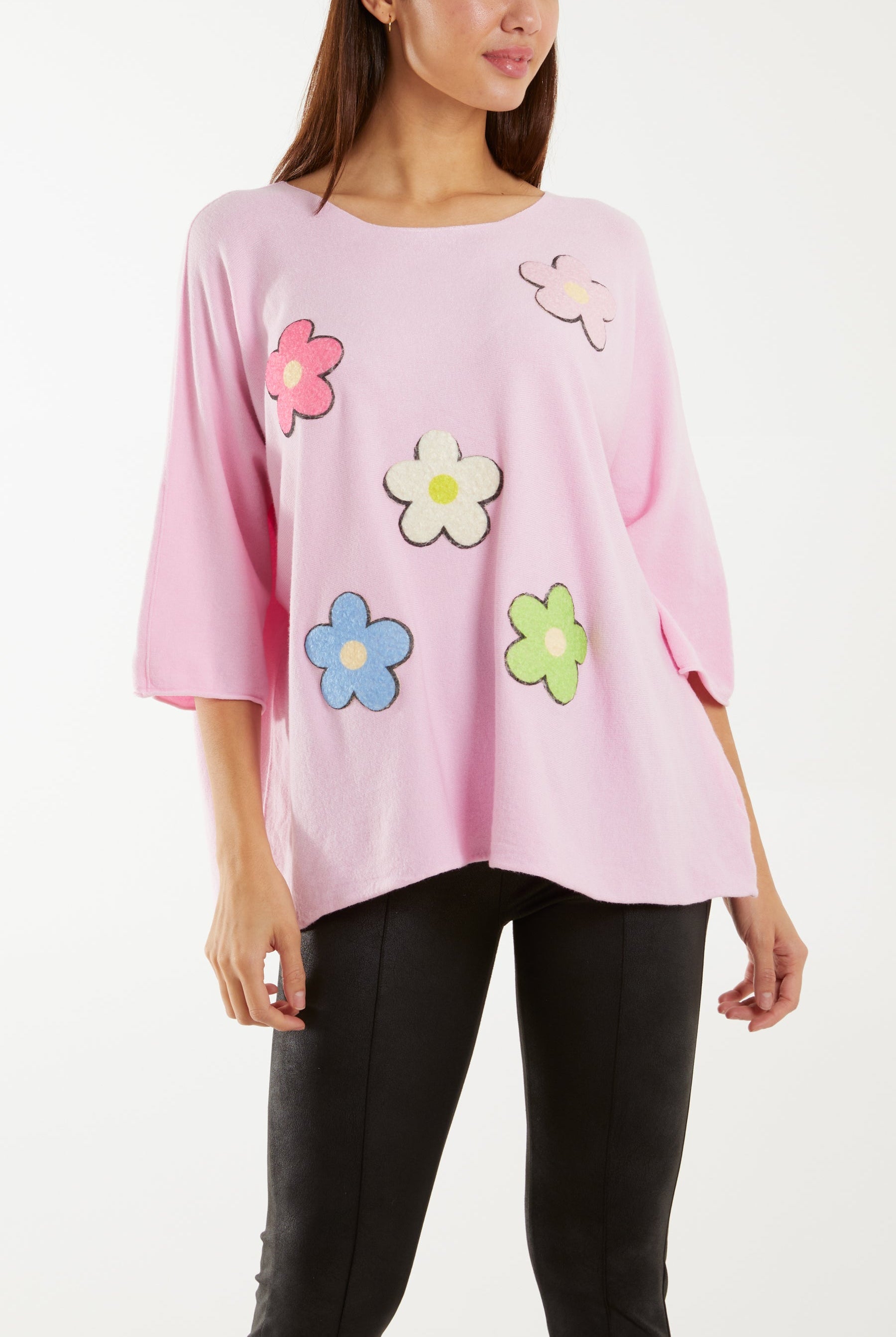 Multicolour Daisy 3/4 Sleeve Jumper Jumpers WearAll Pink One Size