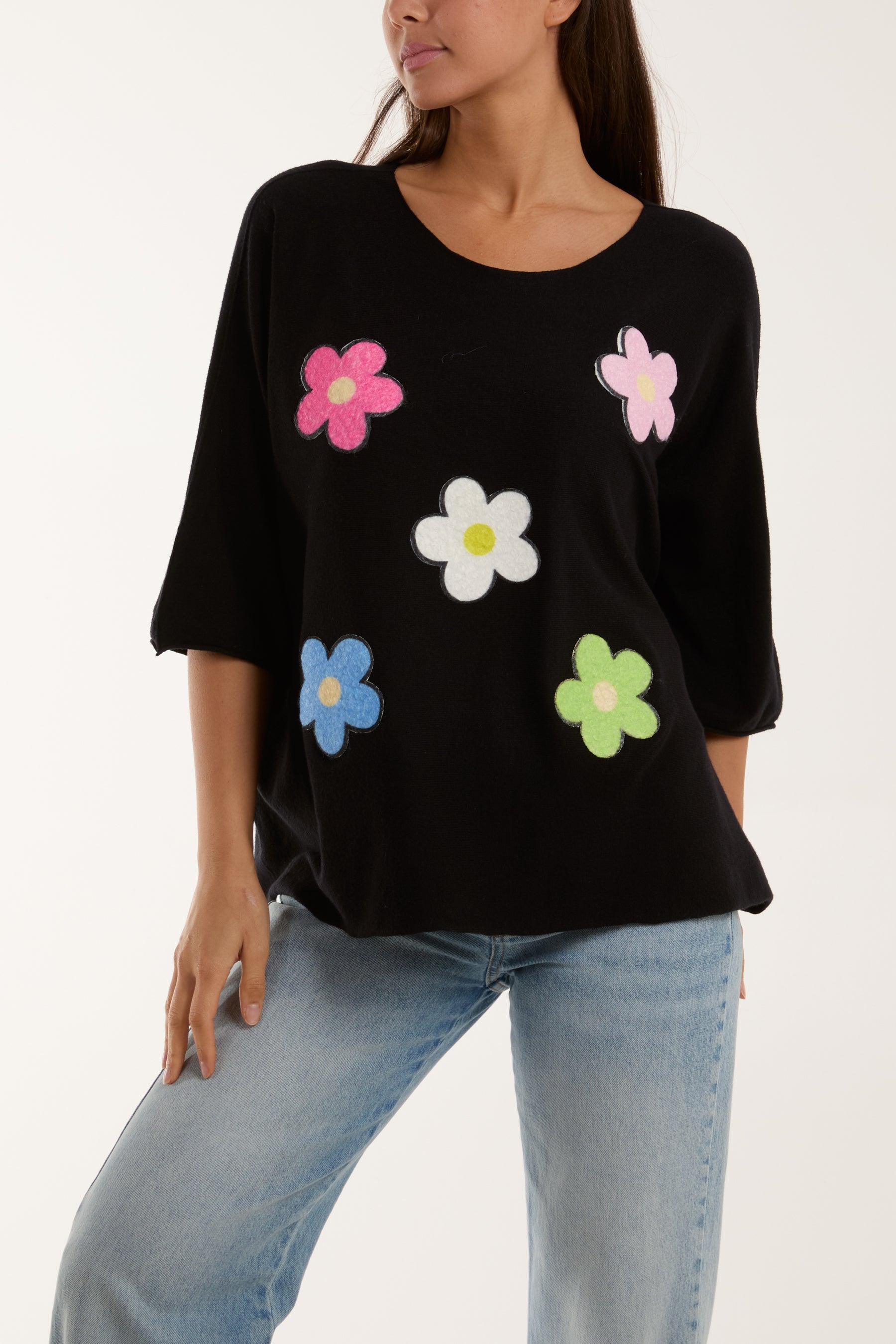 Multicolour Daisy 3/4 Sleeve Jumper Jumpers WearAll Black One Size