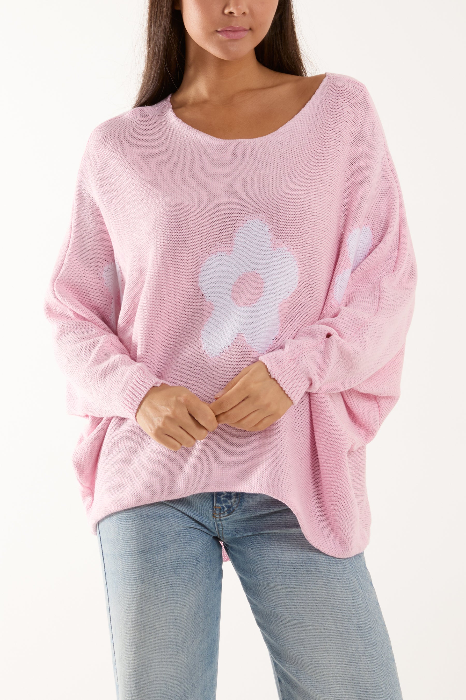 Daisies High Low Batwing Jumper Jumpers WearAll Pink One Size