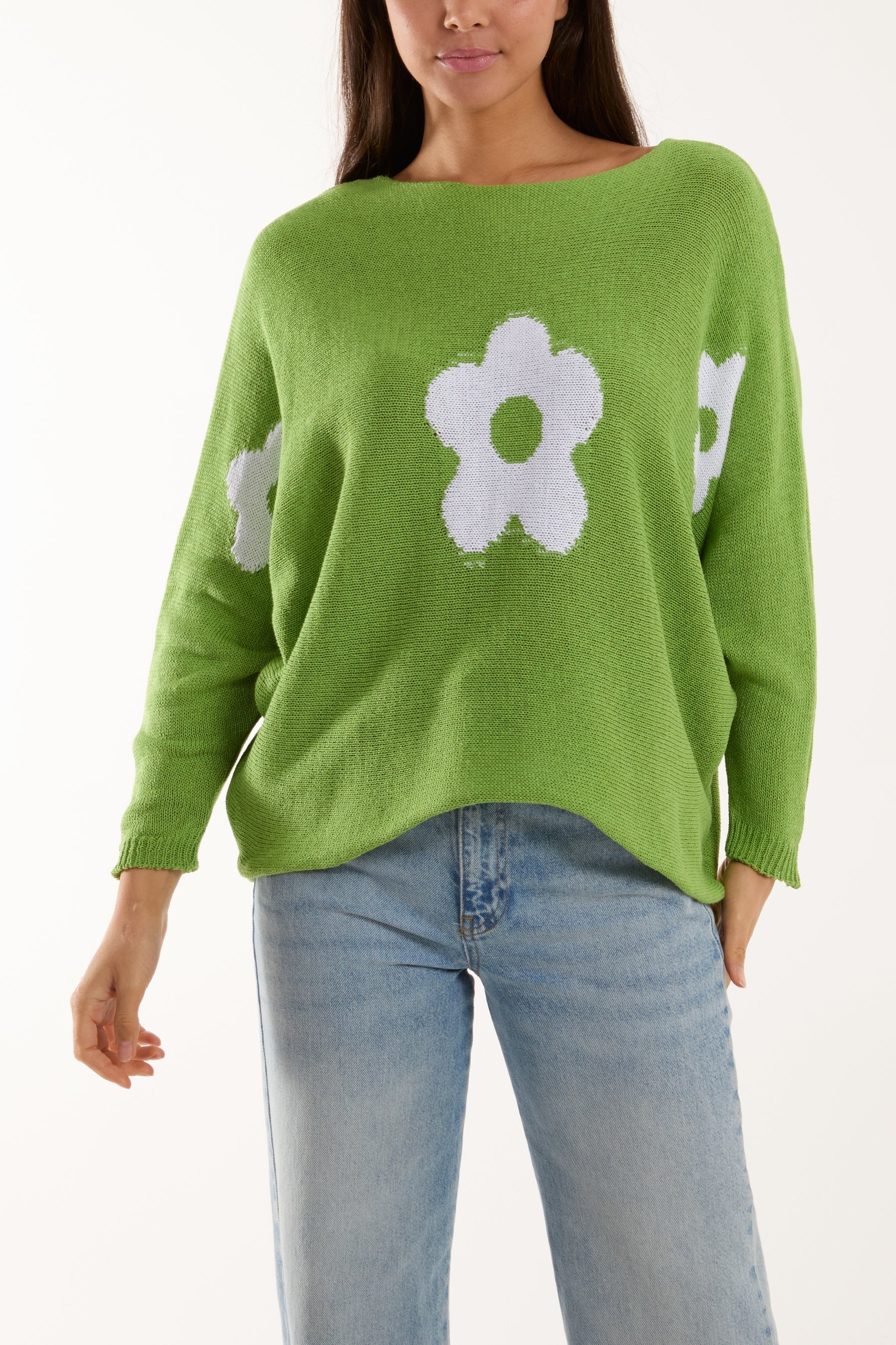 Daisies High Low Batwing Jumper Jumpers WearAll Apple Green One Size