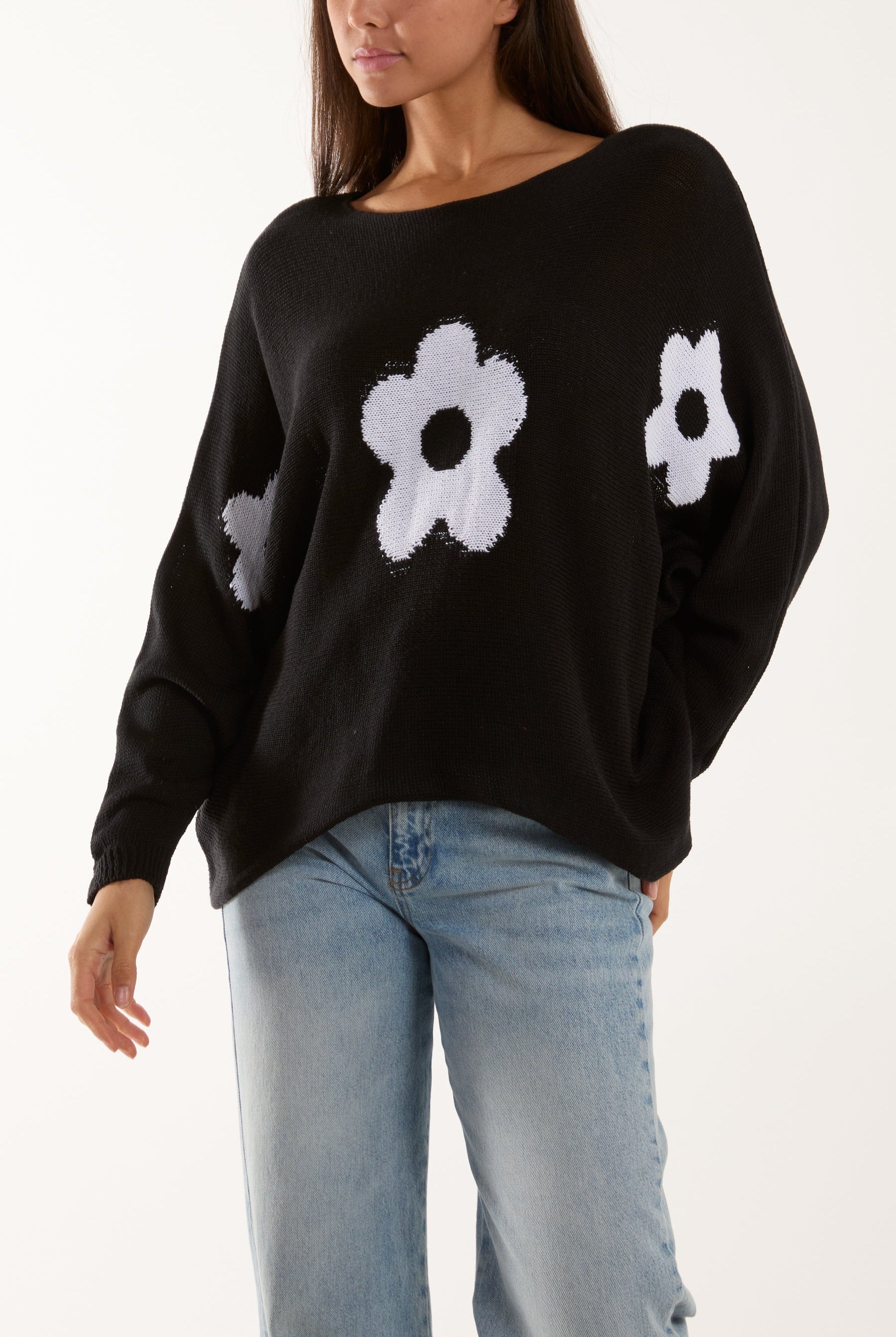 Daisies High Low Batwing Jumper Jumpers WearAll Black One Size
