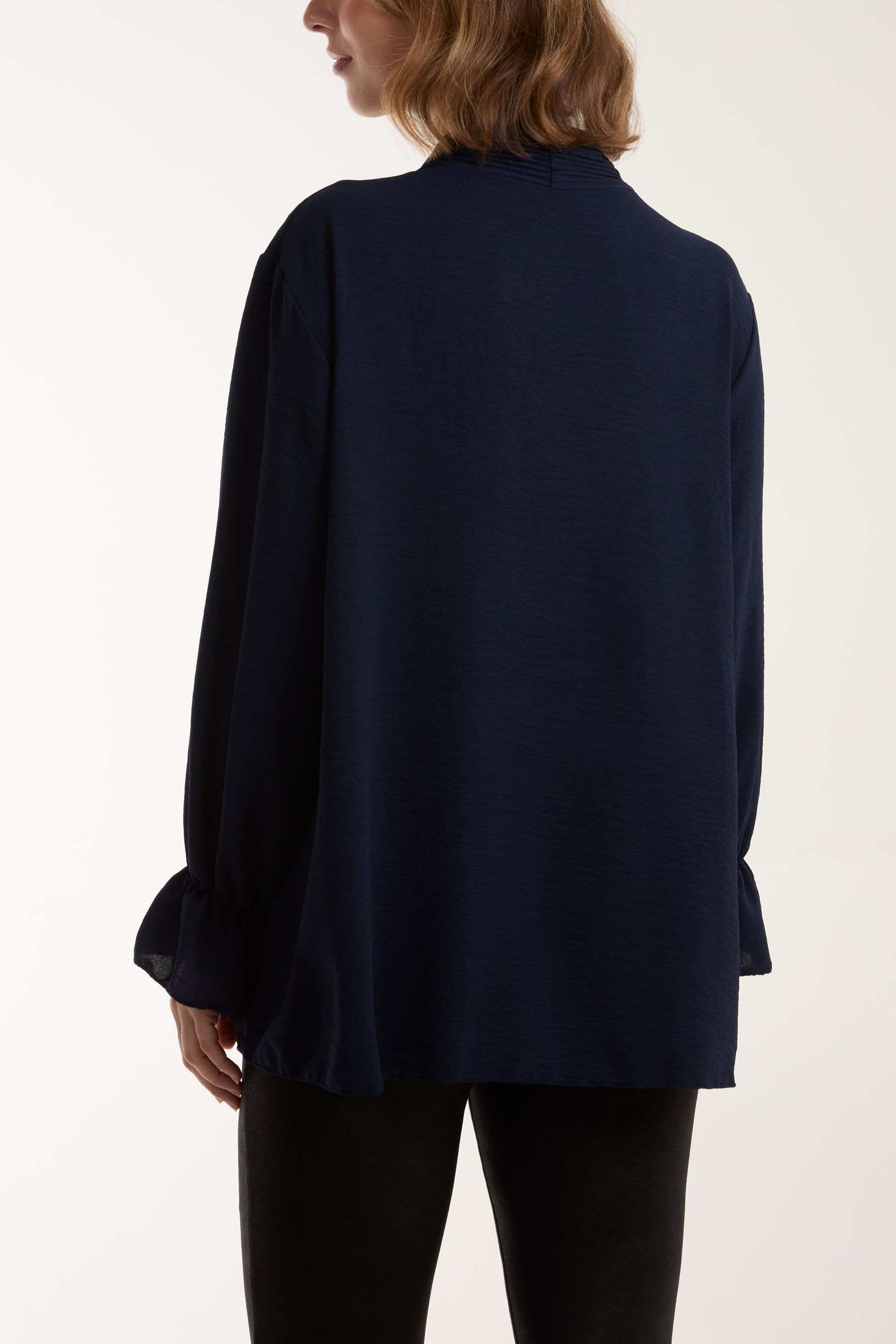 Pleated Tie Neck Bell Sleeve Blouse Blouses WearAll