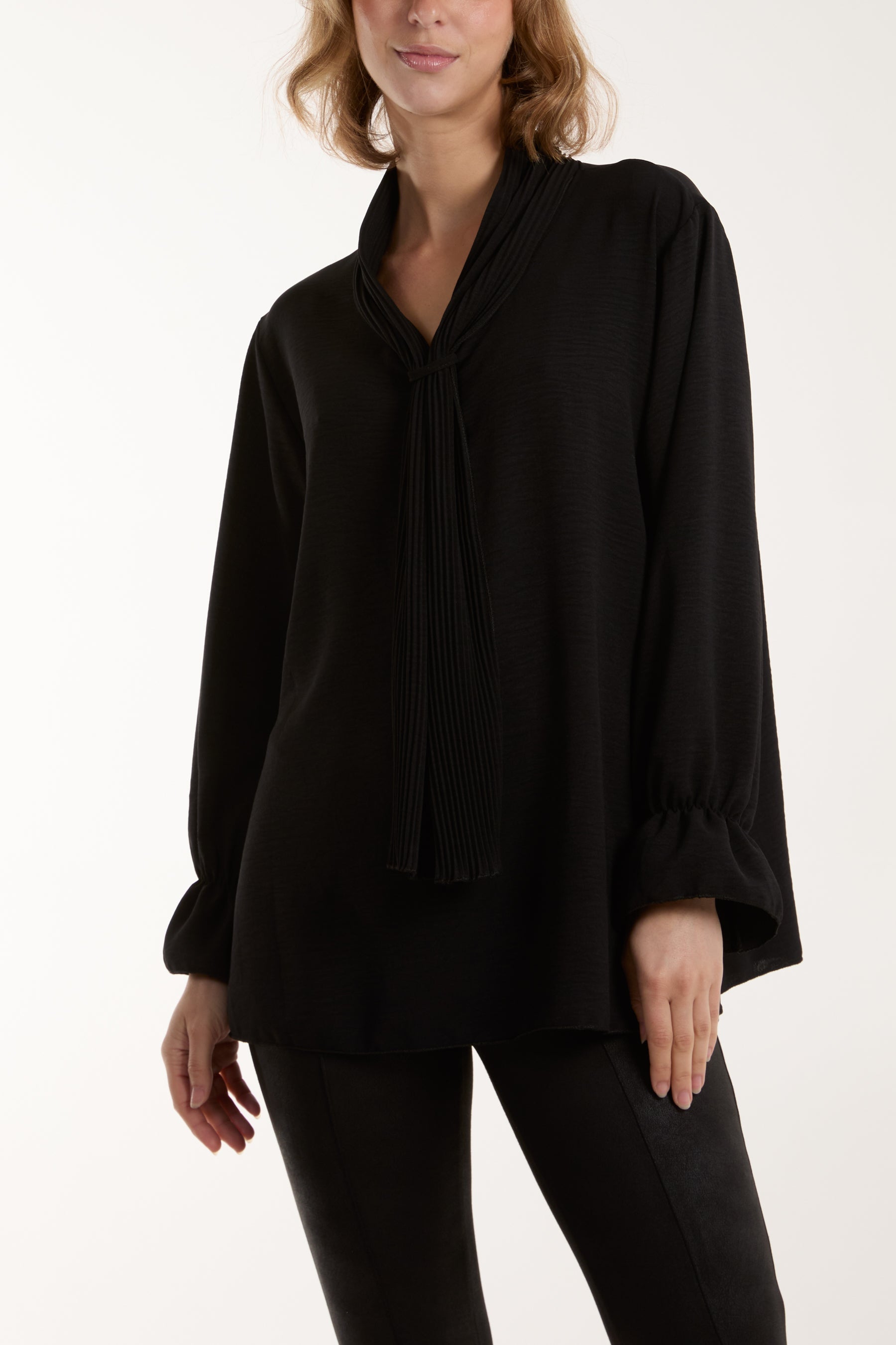 Pleated Tie Neck Bell Sleeve Blouse Blouses WearAll Black One Size