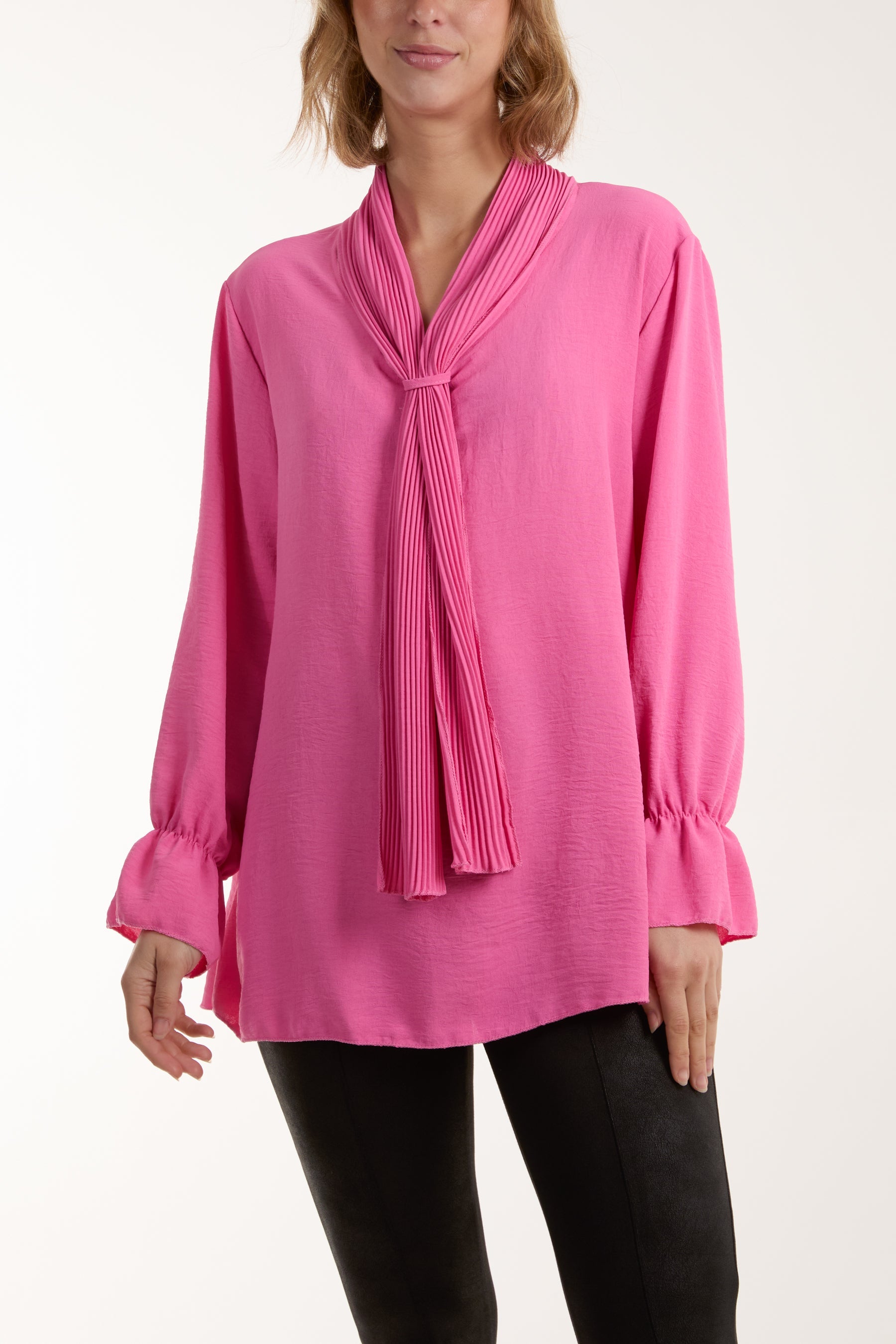 Pleated Tie Neck Bell Sleeve Blouse Blouses WearAll Hot Pink One Size