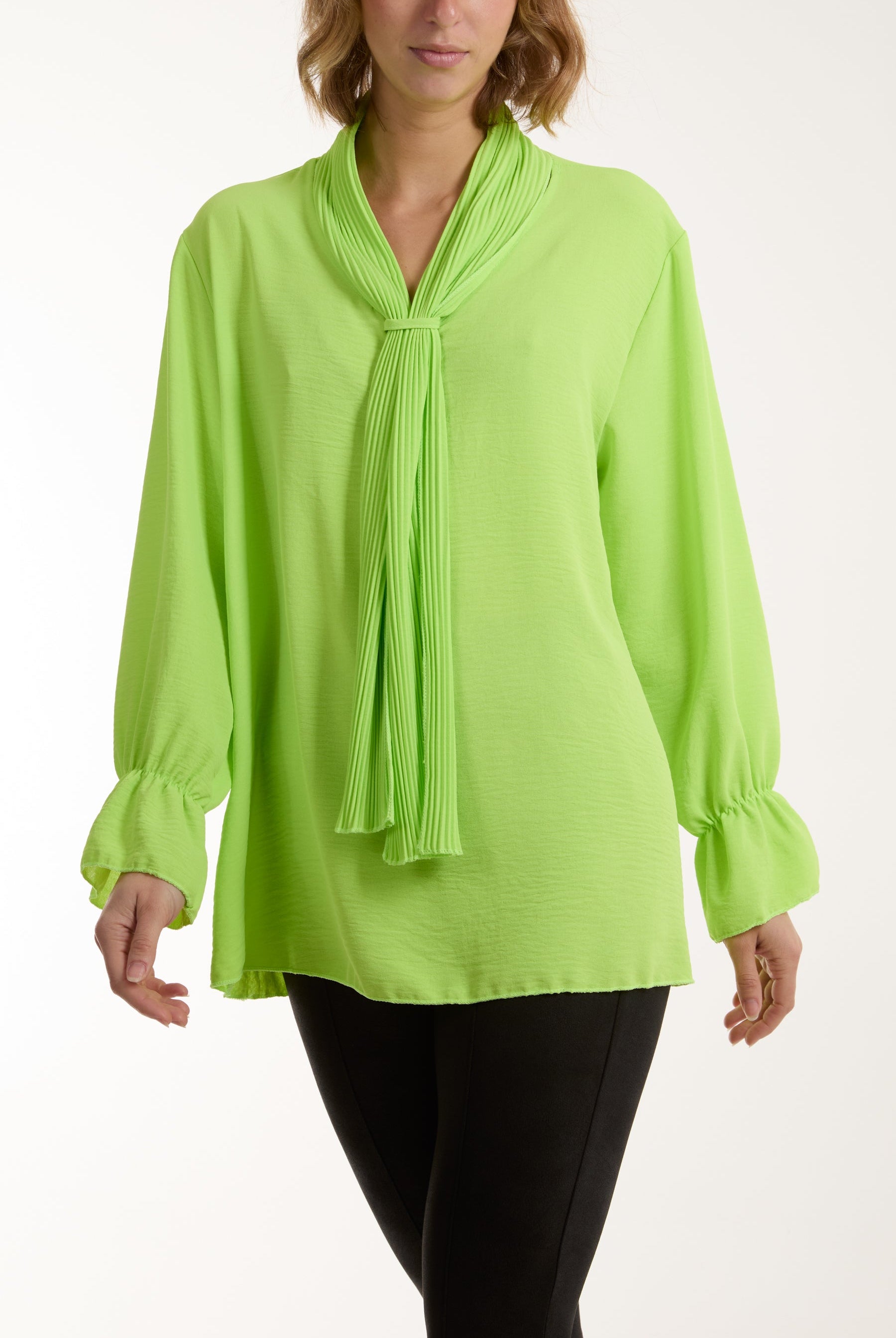 Pleated Tie Neck Bell Sleeve Blouse Blouses WearAll Lime One Size