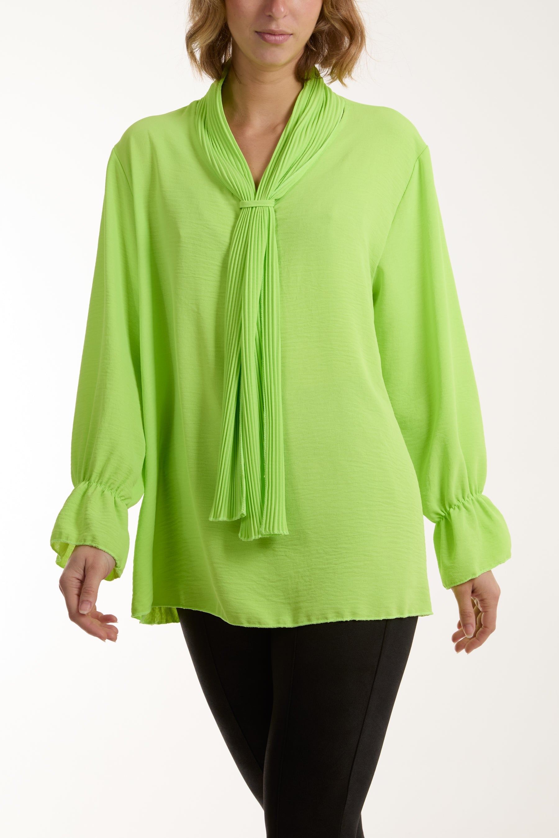 Pleated Tie Neck Bell Sleeve Blouse Blouses WearAll Lime One Size