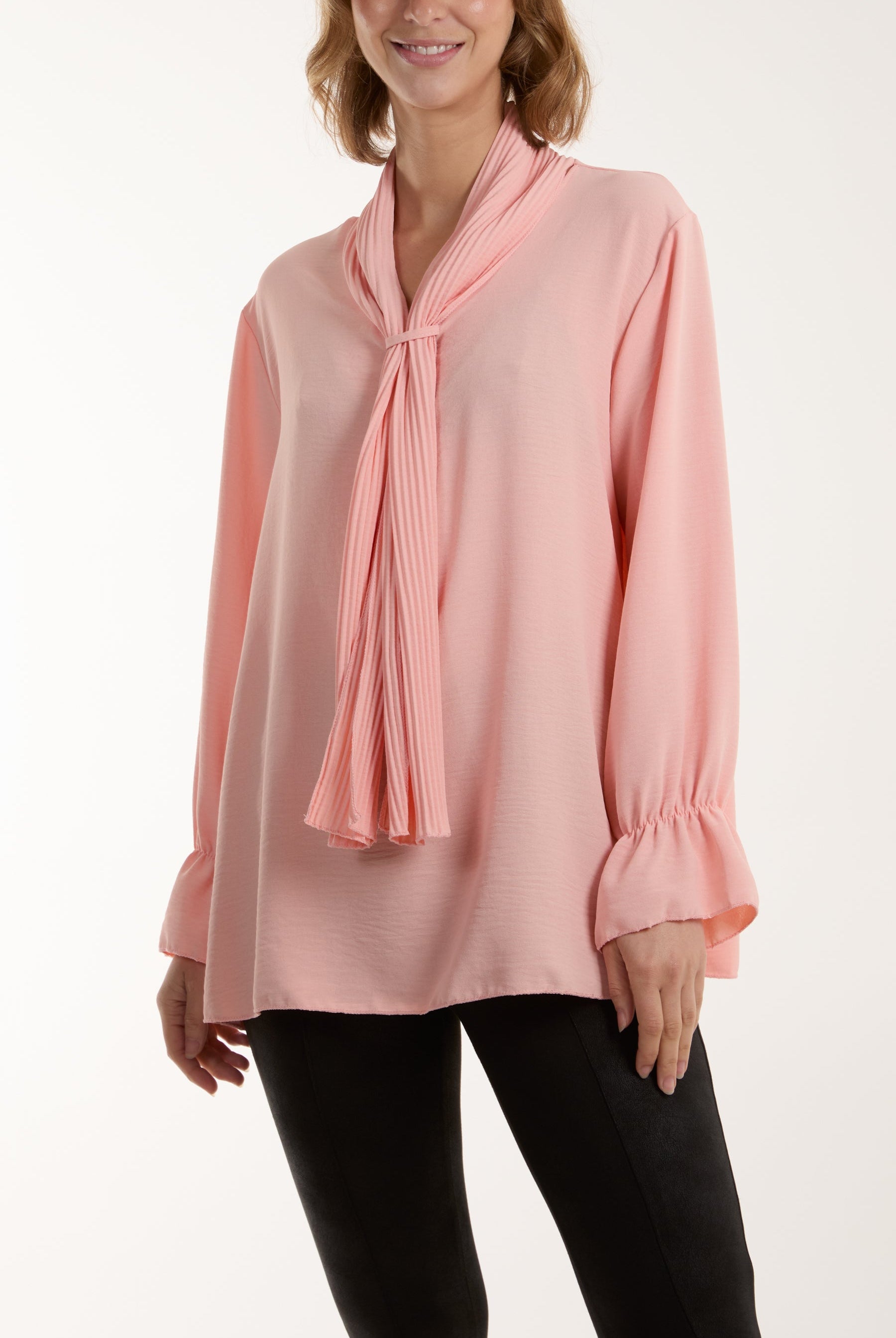 Pleated Tie Neck Bell Sleeve Blouse Blouses WearAll Salmon One Size