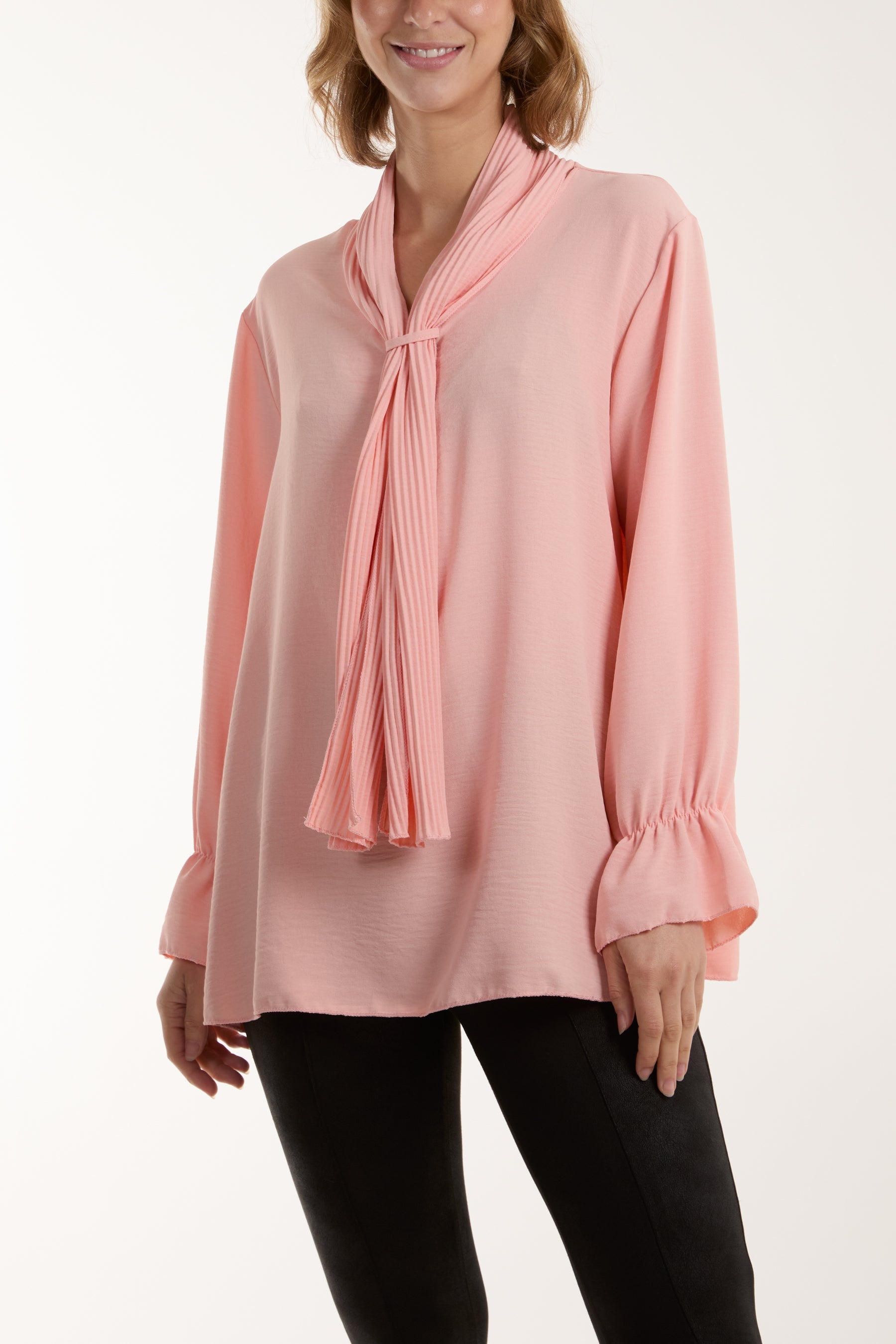 Pleated Tie Neck Bell Sleeve Blouse Blouses WearAll Salmon One Size