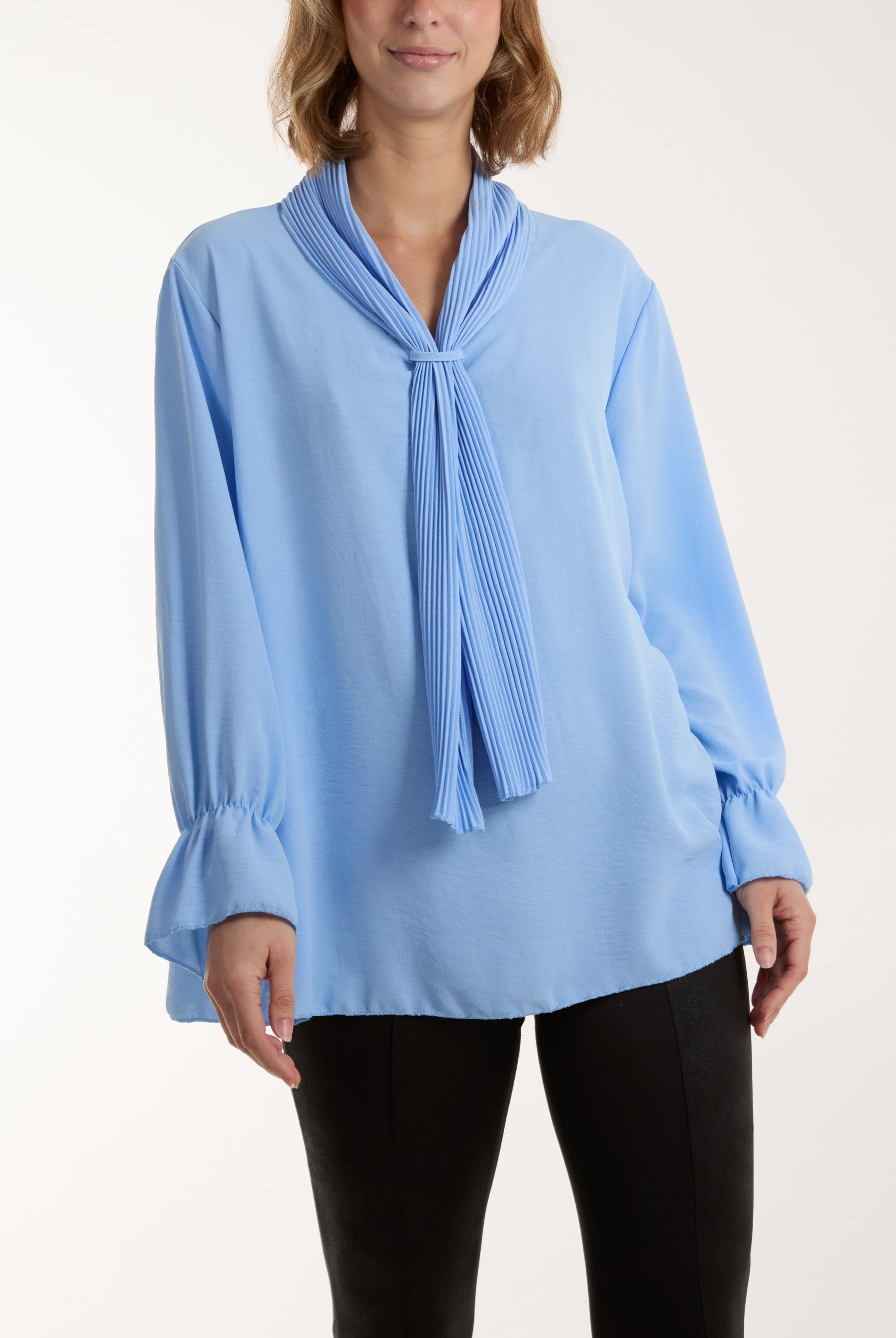 Pleated Tie Neck Bell Sleeve Blouse Blouses WearAll Light Blue One Size