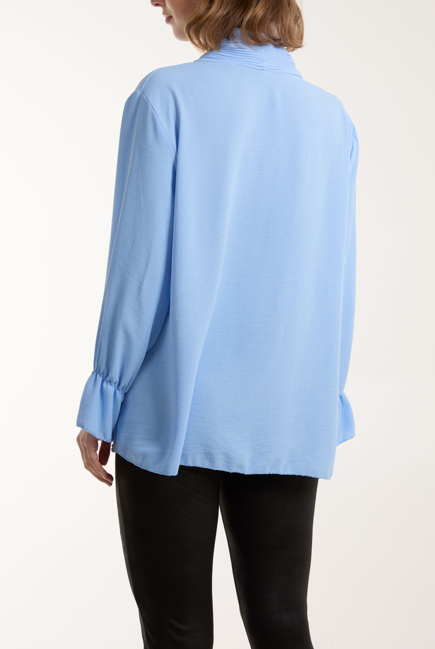 Pleated Tie Neck Bell Sleeve Blouse Blouses WearAll