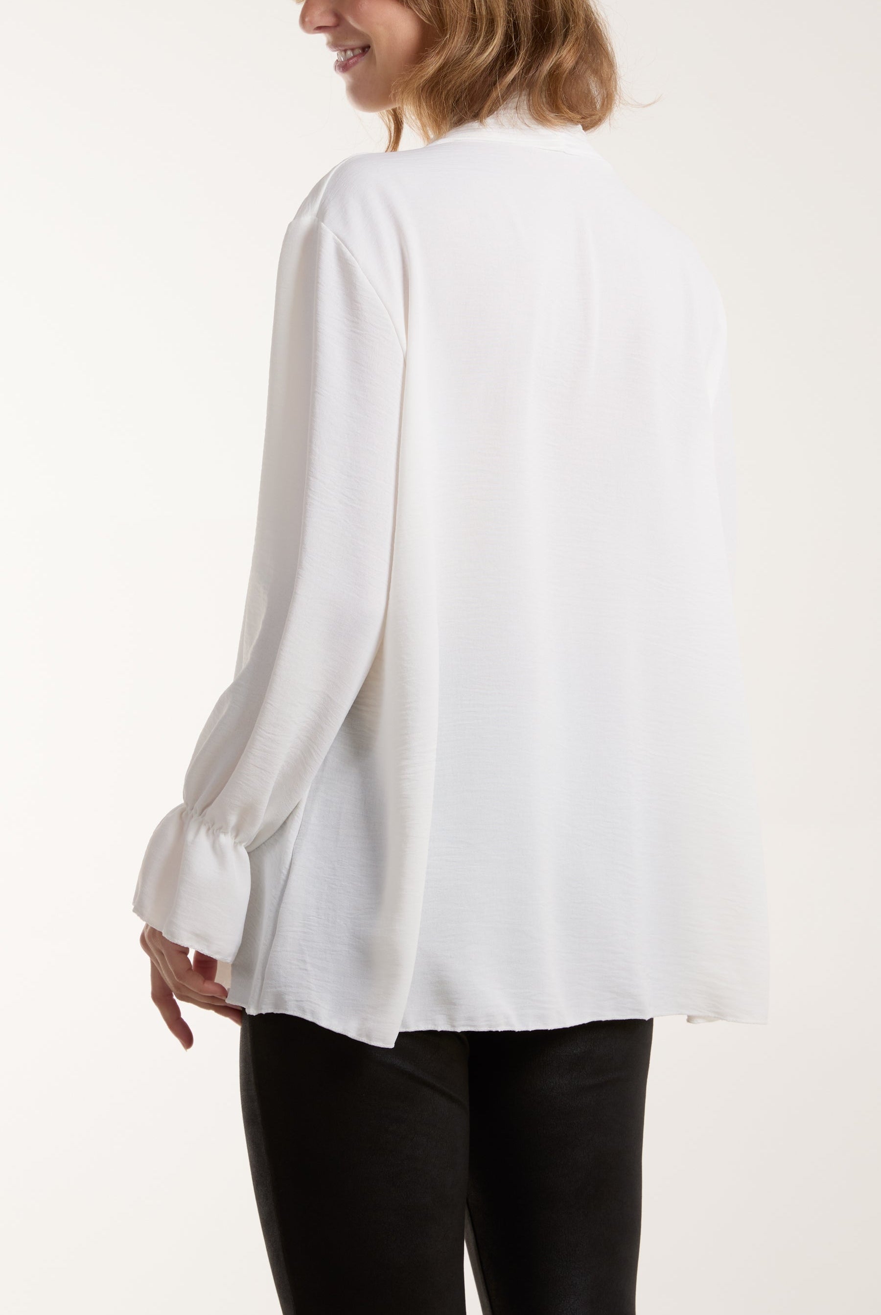 Pleated Tie Neck Bell Sleeve Blouse Blouses WearAll