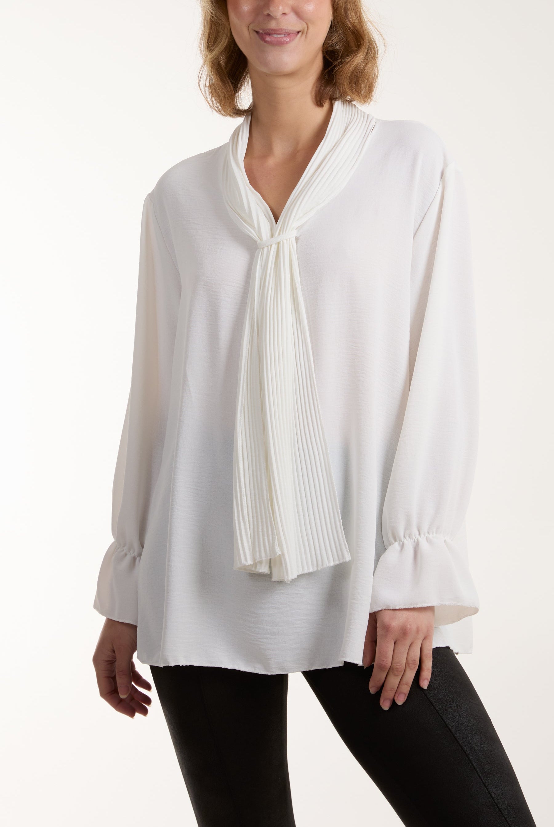 Pleated Tie Neck Bell Sleeve Blouse Blouses WearAll White One Size