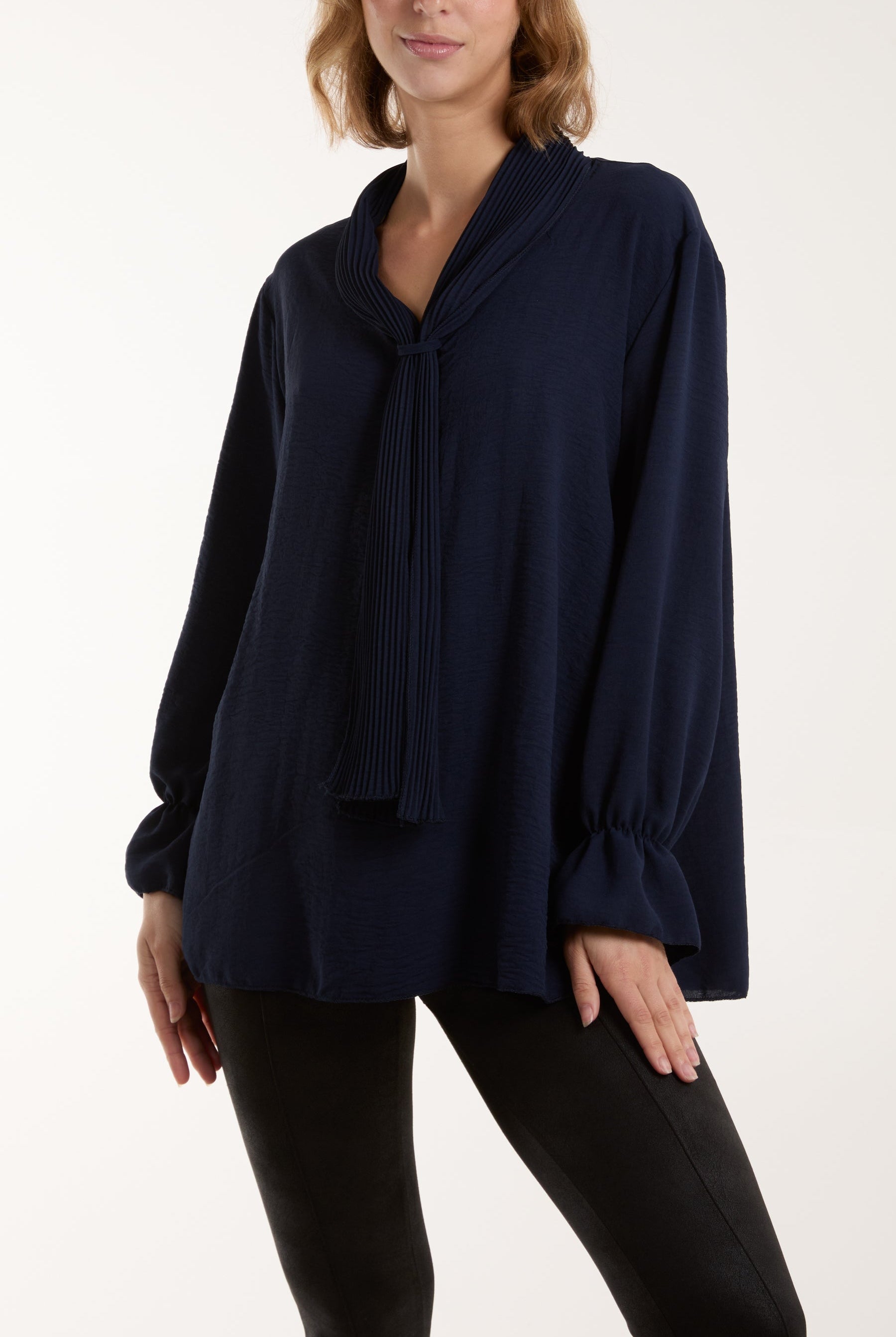 Pleated Tie Neck Bell Sleeve Blouse Blouses WearAll Navy One Size
