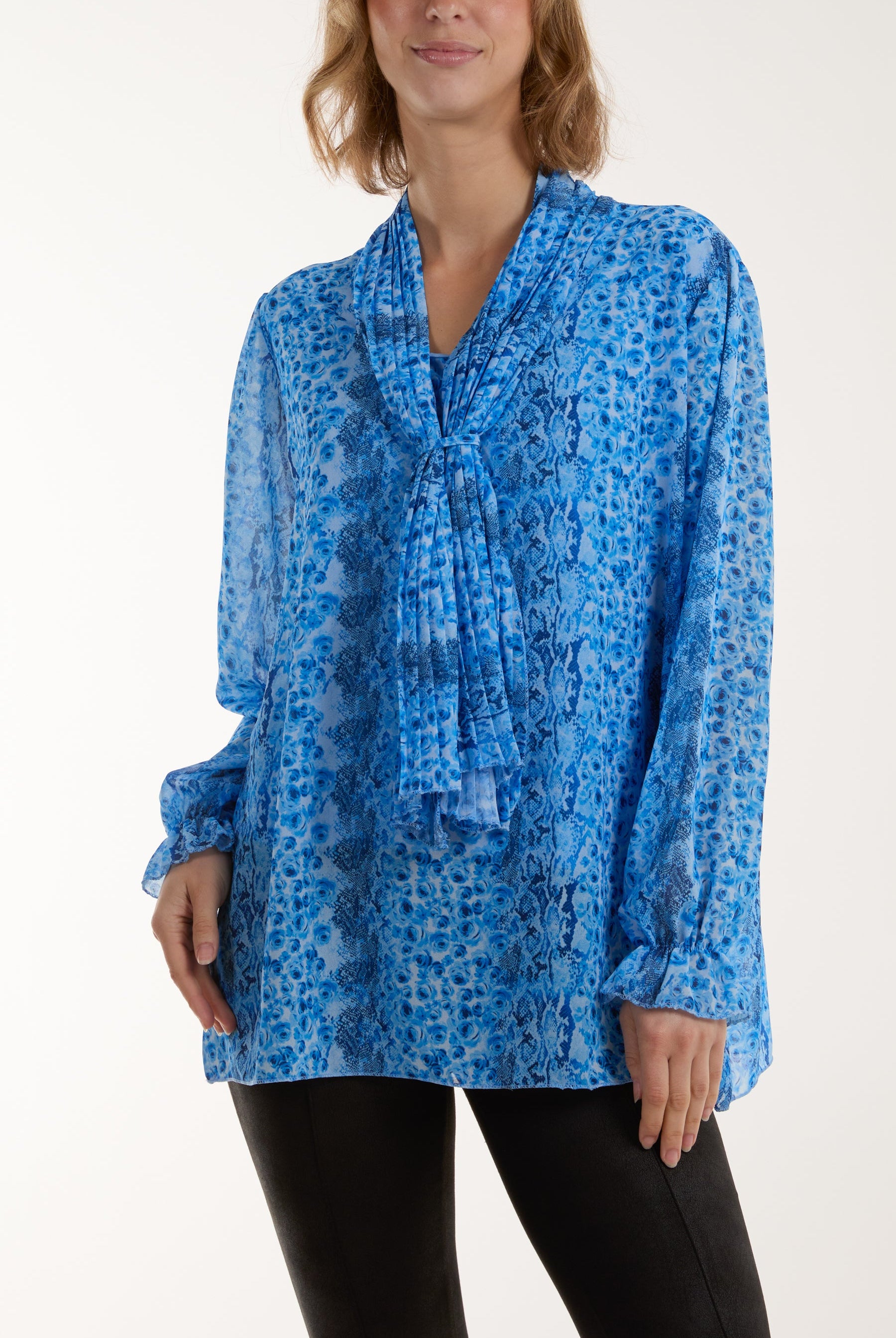 Pleated Tie Neck Sheer Floral Blouse Blouses WearAll Royal Blue One Size