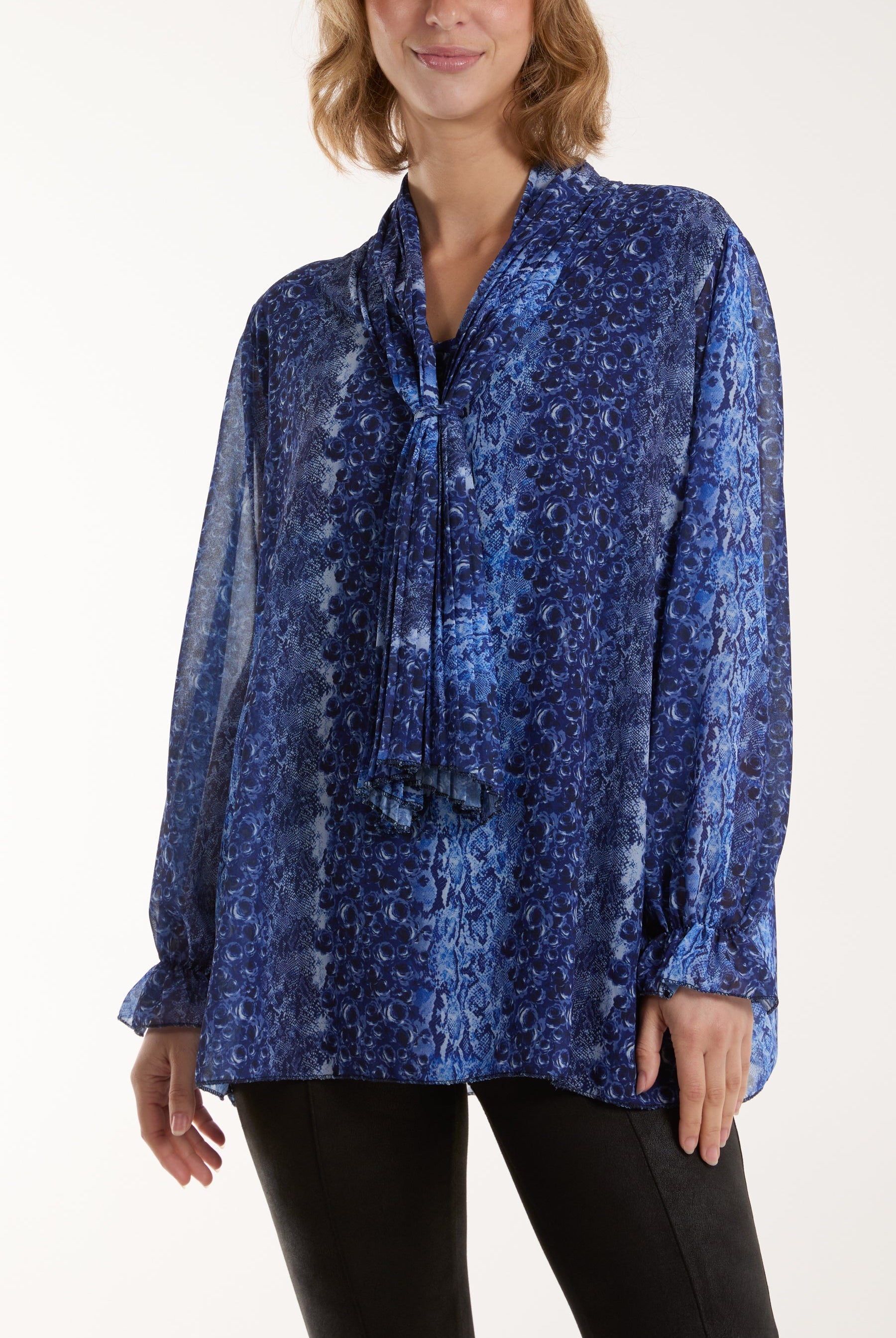 Pleated Tie Neck Sheer Floral Blouse Blouses WearAll Navy One Size