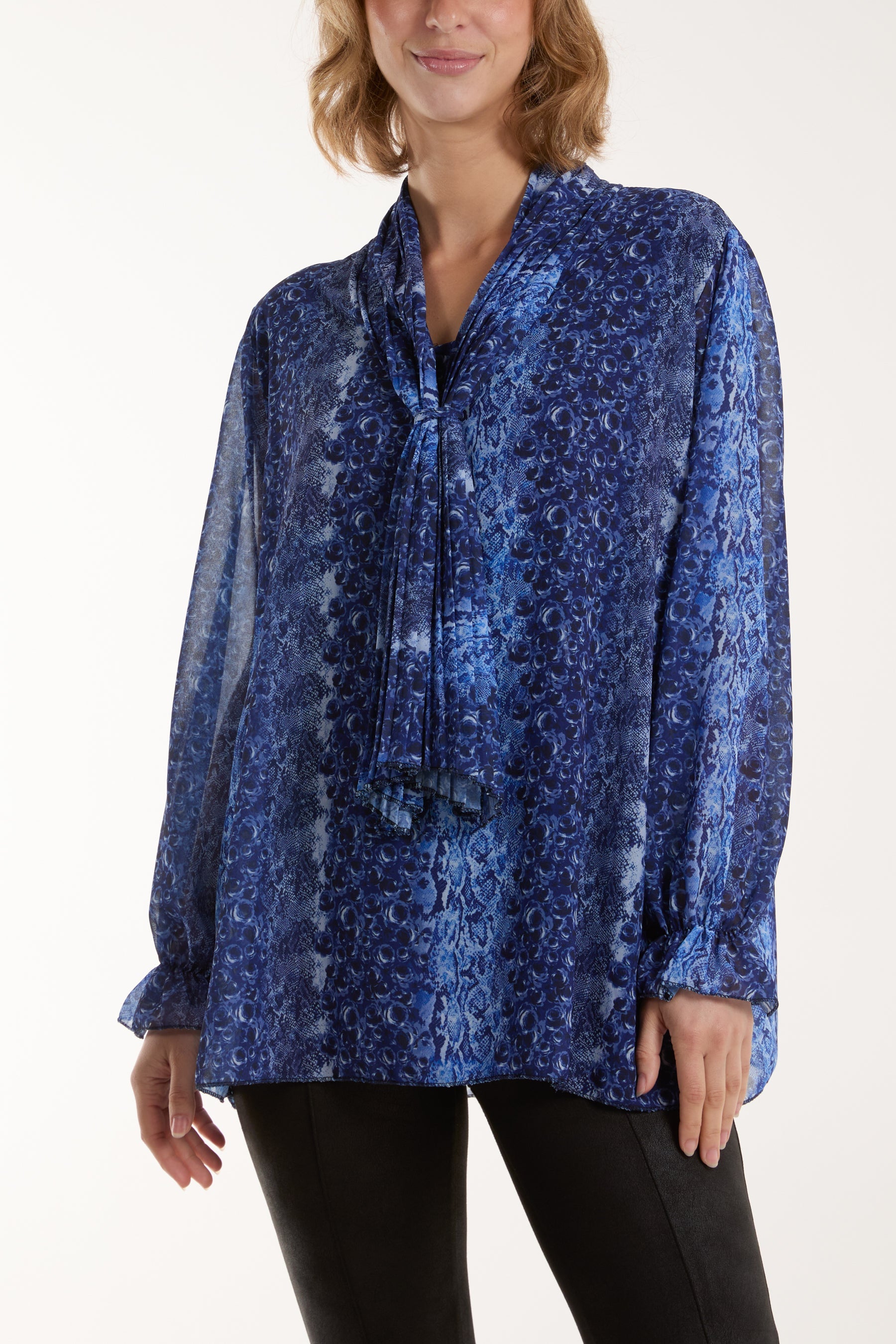 Pleated Tie Neck Sheer Floral Blouse Blouses WearAll Navy One Size