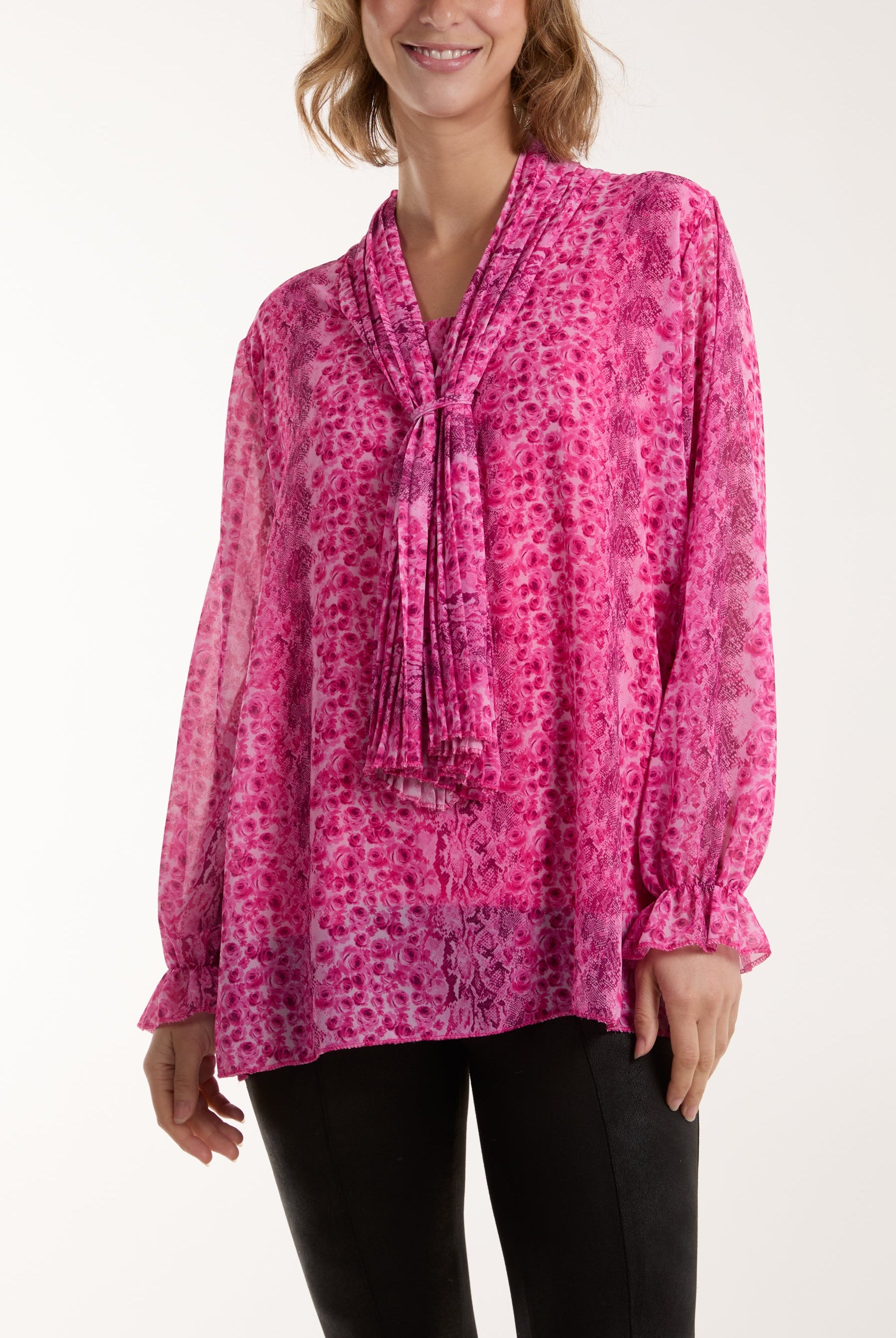 Pleated Tie Neck Sheer Floral Blouse Blouses WearAll Hot Pink One Size