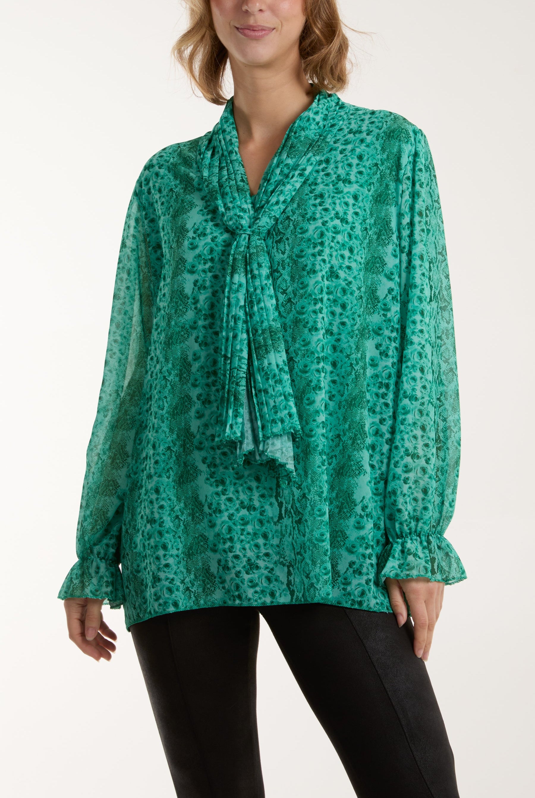 Pleated Tie Neck Sheer Floral Blouse Blouses WearAll Jade One Size