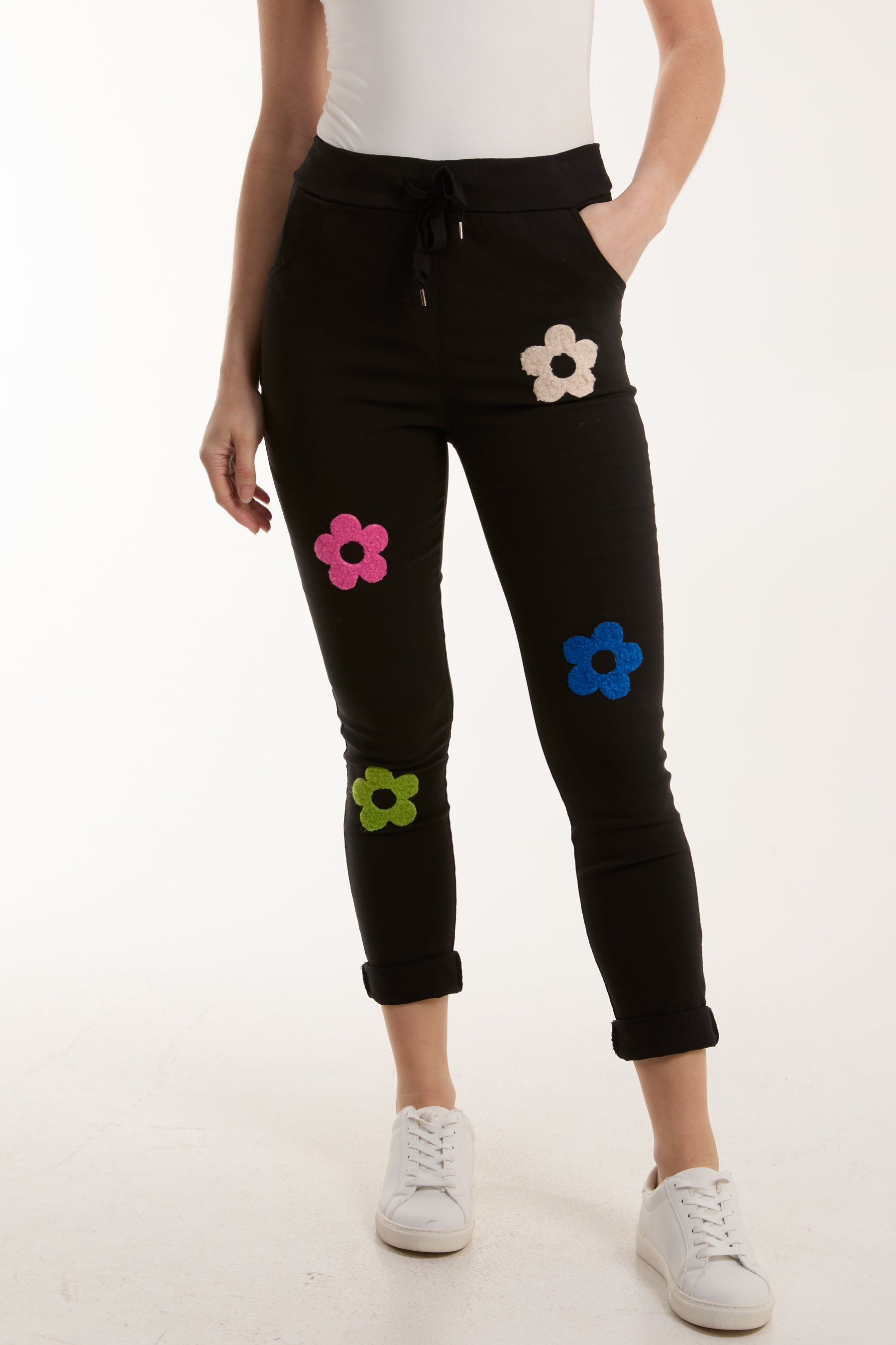 Floral Magic Drawstring Crushed Trousers Trousers WearAll Black One Size