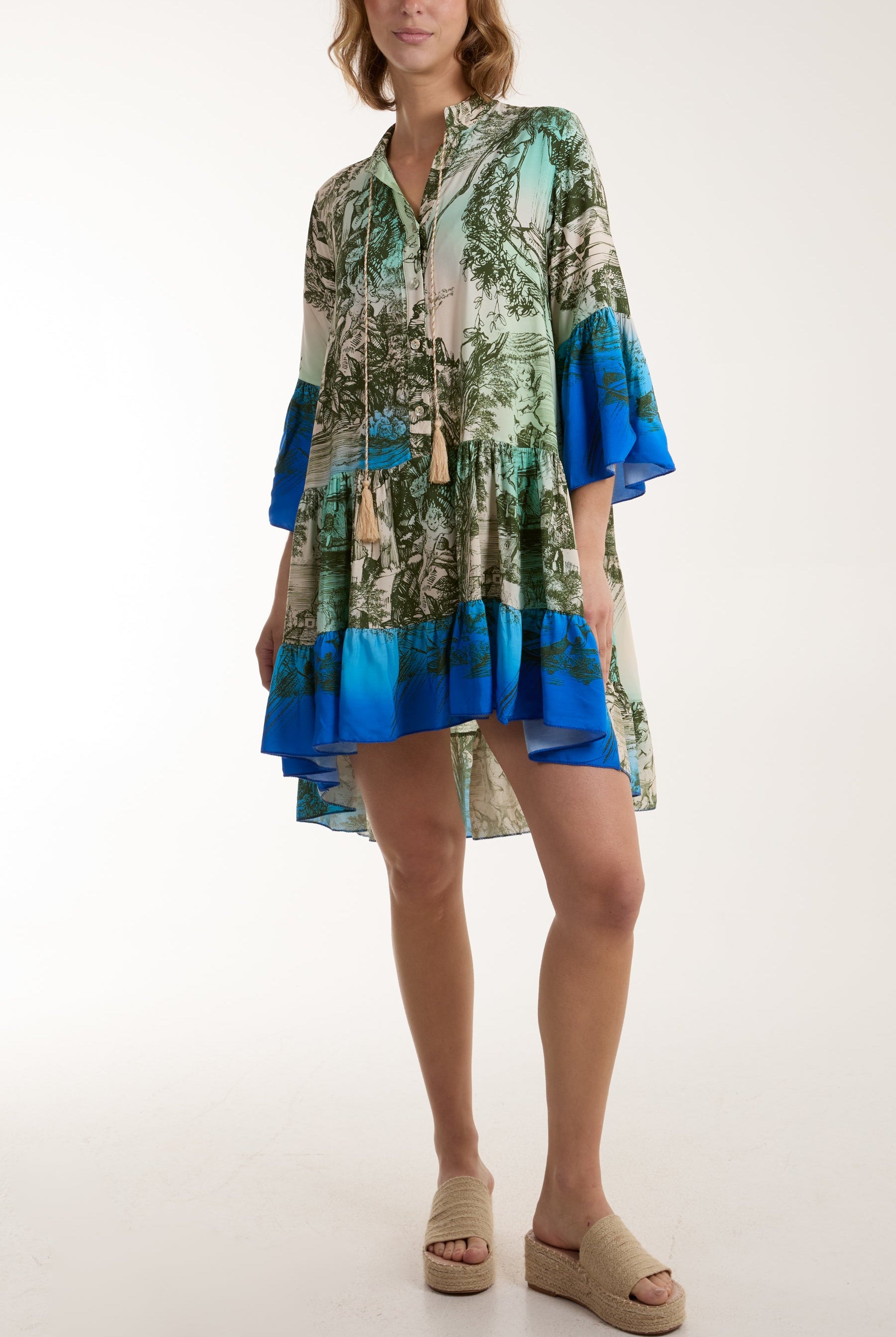 Tassels Toile De Jouy Tiered Dress Dresses WearAll Khaki One Size