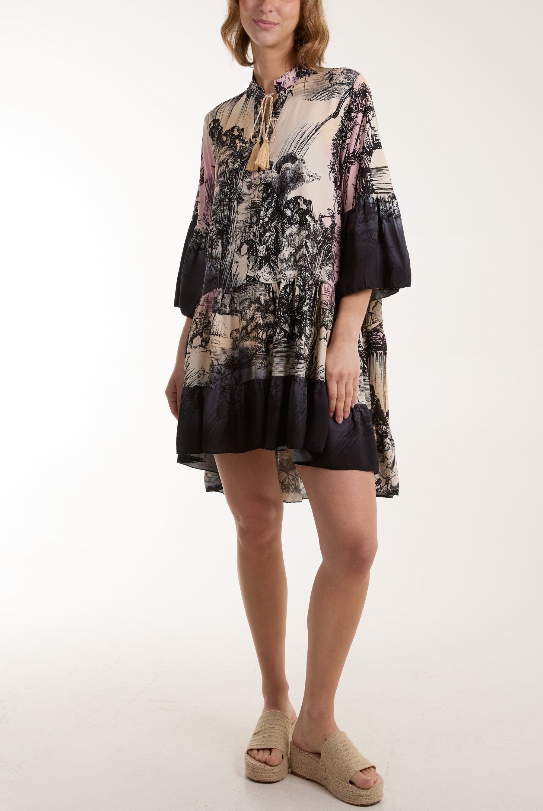 Tassels Toile De Jouy Tiered Dress Dresses WearAll Black One Size