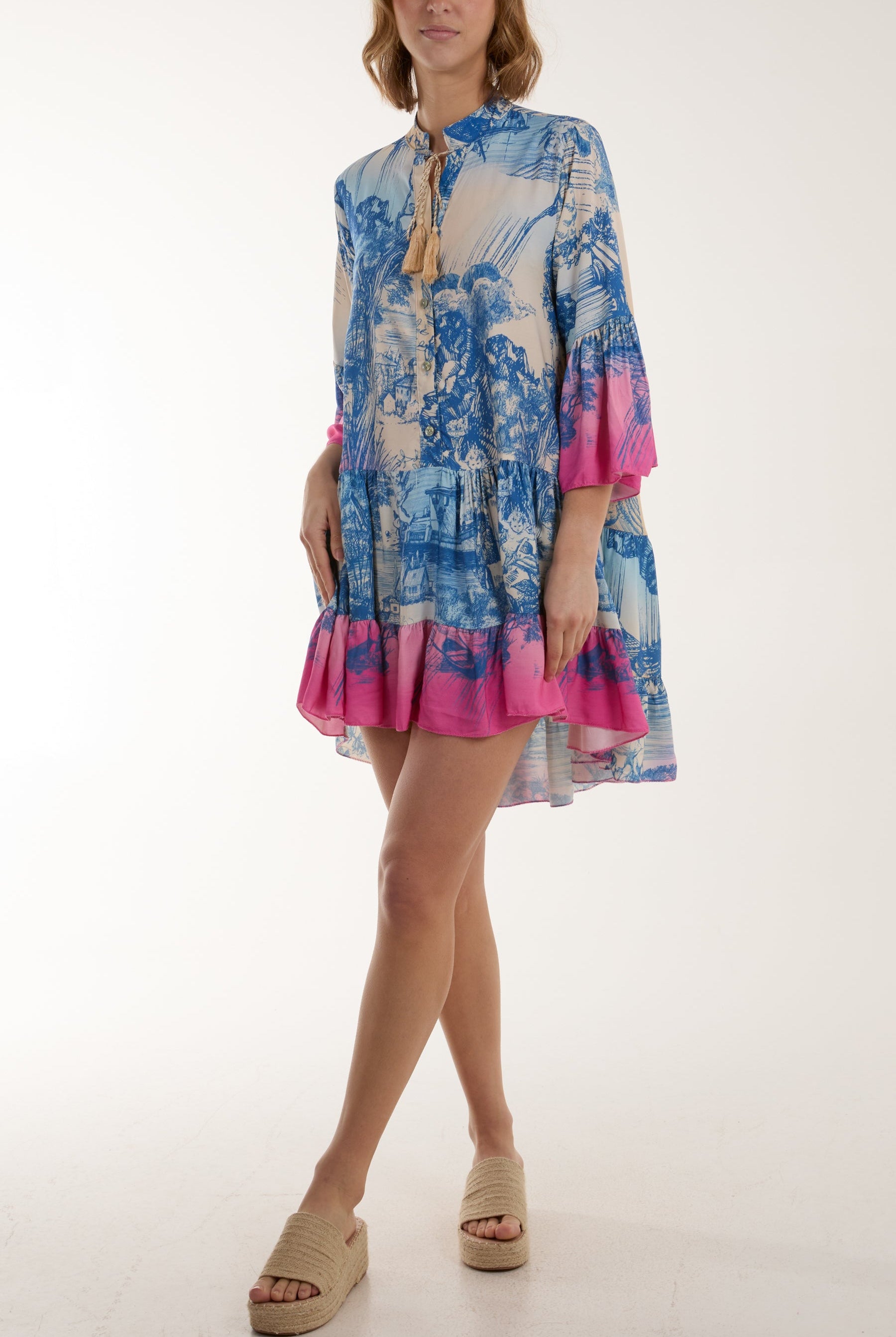 Tassels Toile De Jouy Tiered Dress Dresses WearAll Blue One Size