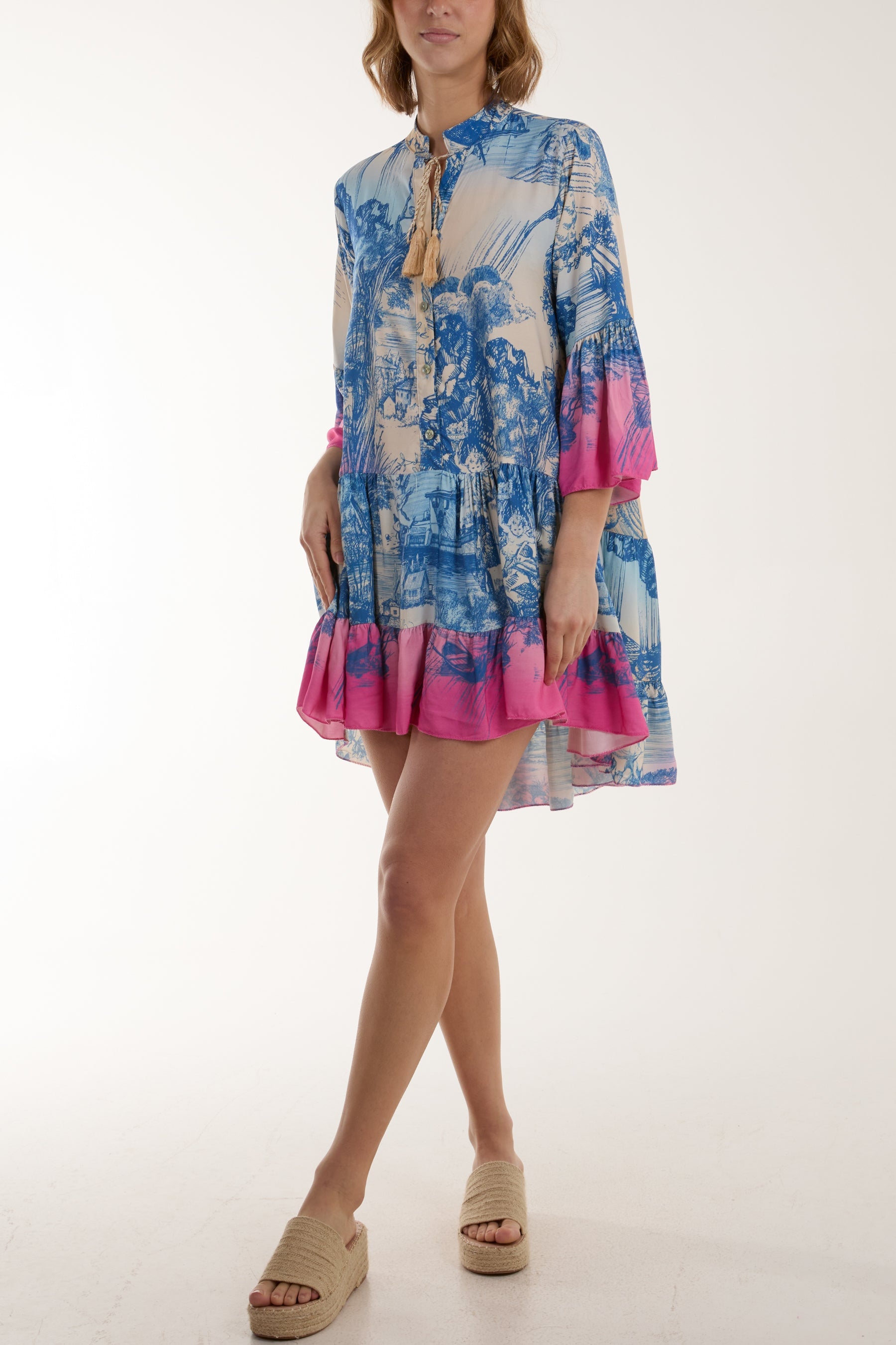 Tassels Toile De Jouy Tiered Dress Dresses WearAll Blue One Size