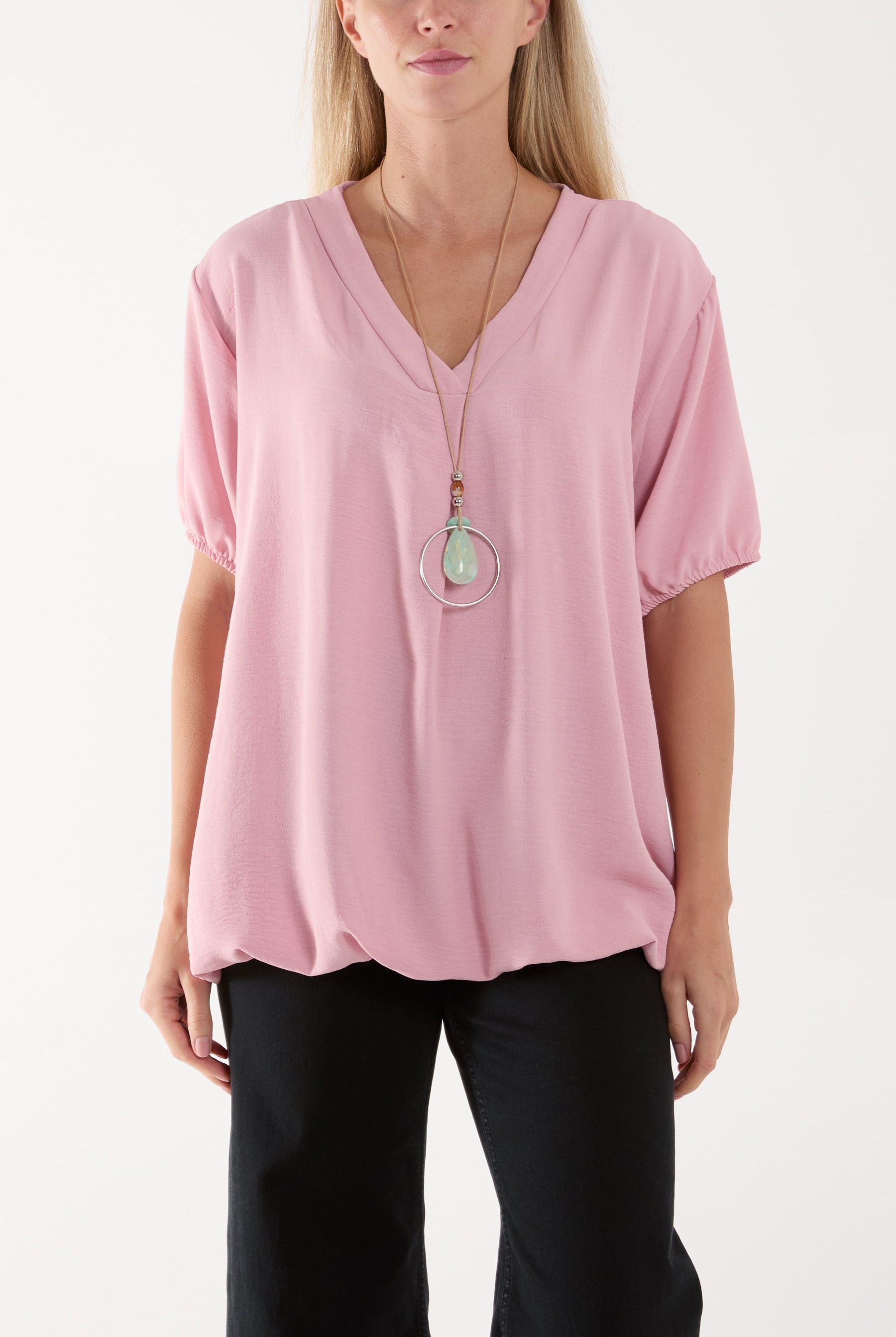Necklace V-neck Bubble Hem Top Blouses WearAll Blush One Size