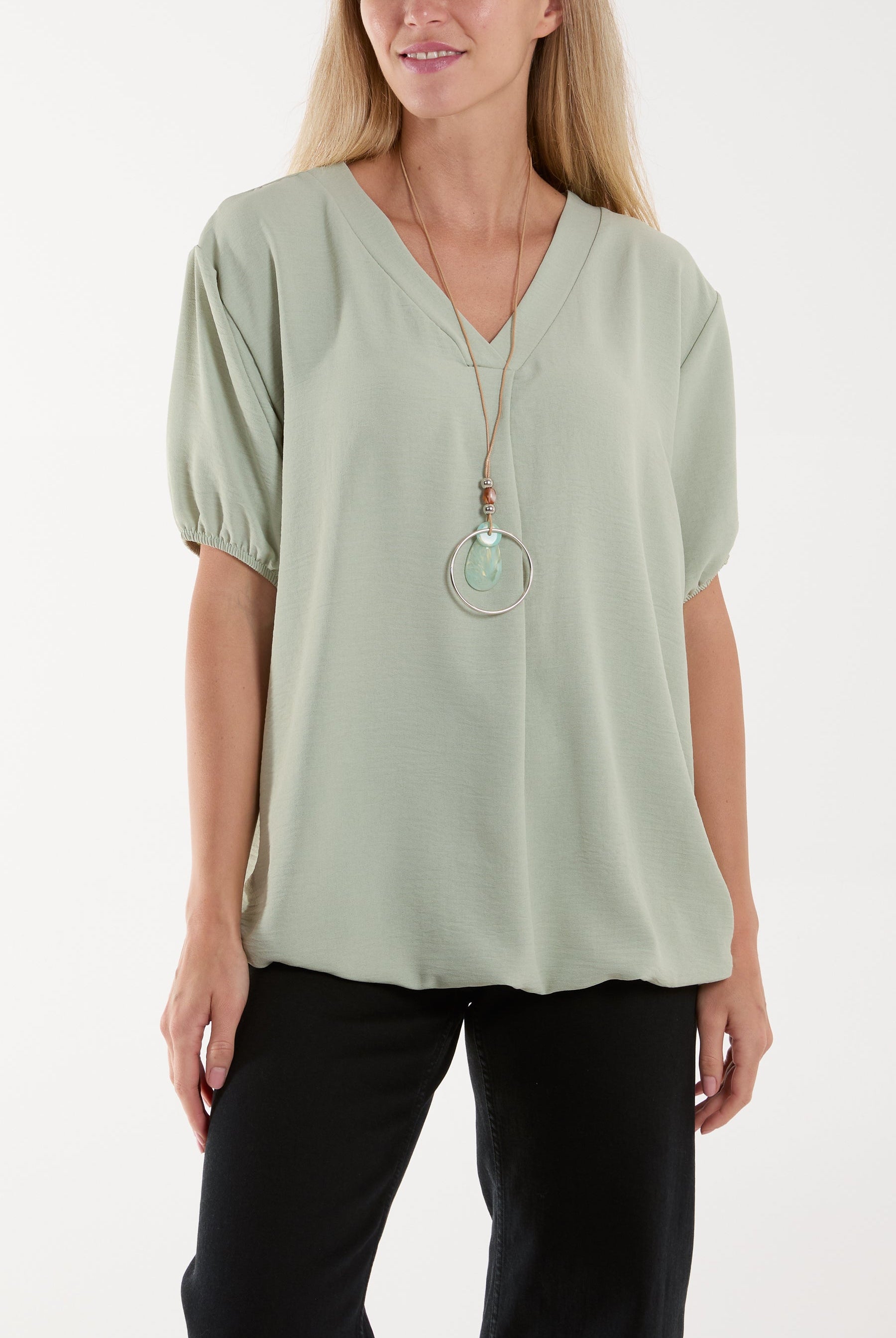 Necklace V-neck Bubble Hem Top Blouses WearAll Sage One Size