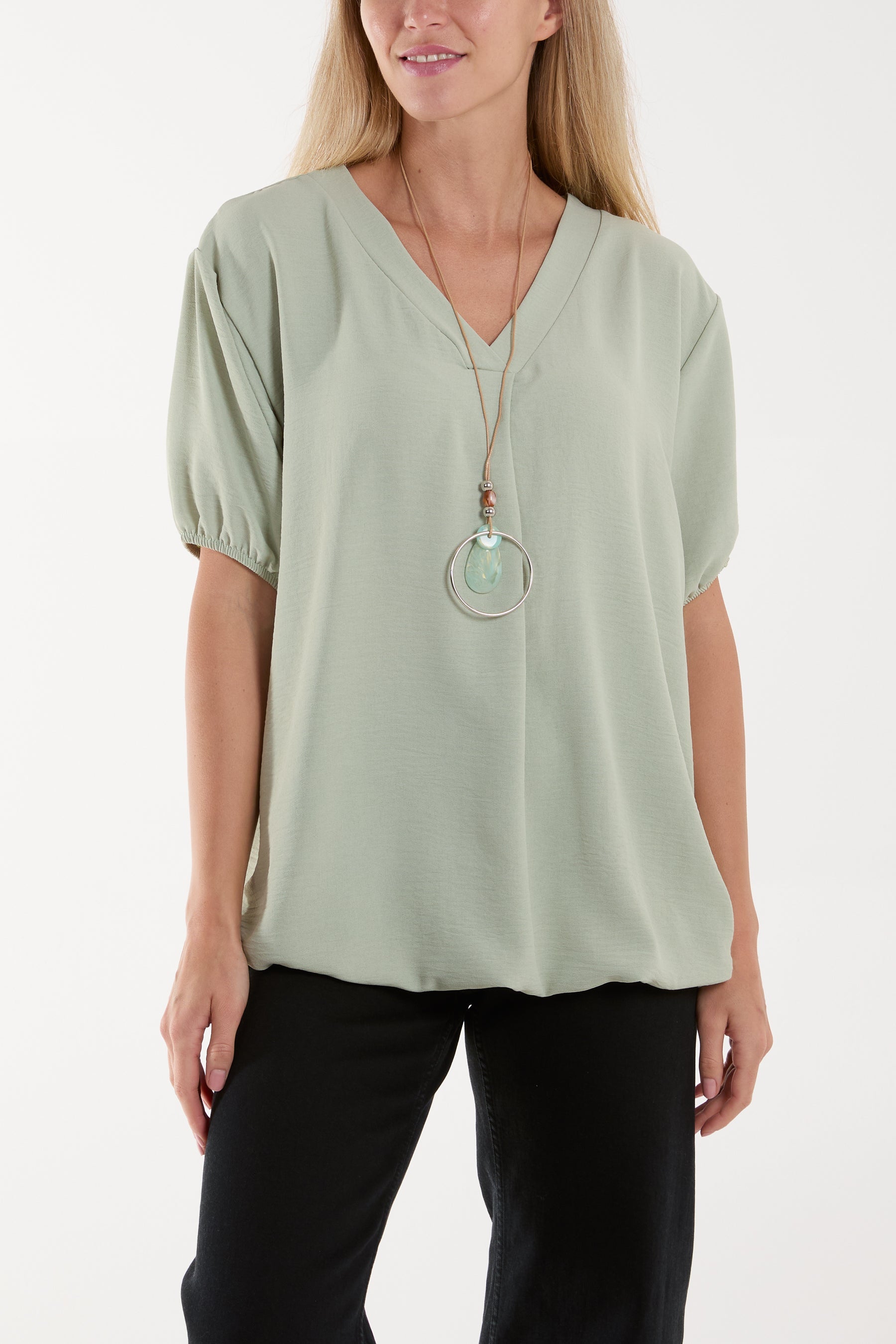 Necklace V-neck Bubble Hem Top Blouses WearAll Sage One Size