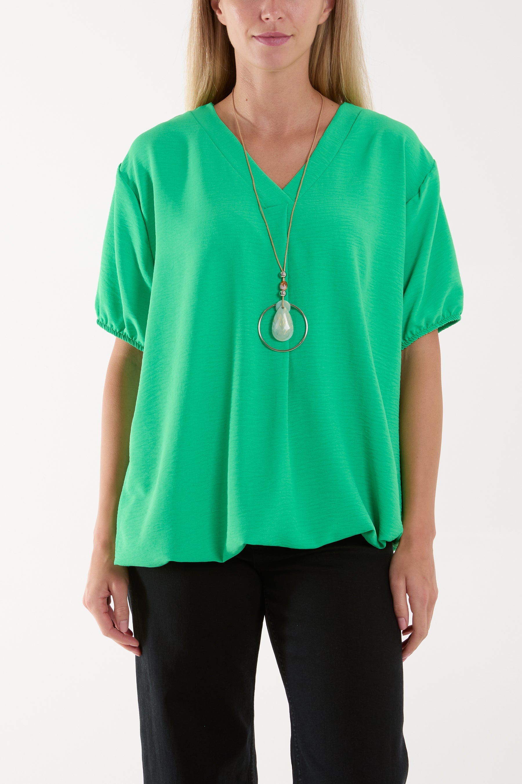 Necklace V-neck Bubble Hem Top Blouses WearAll Apple Green One Size