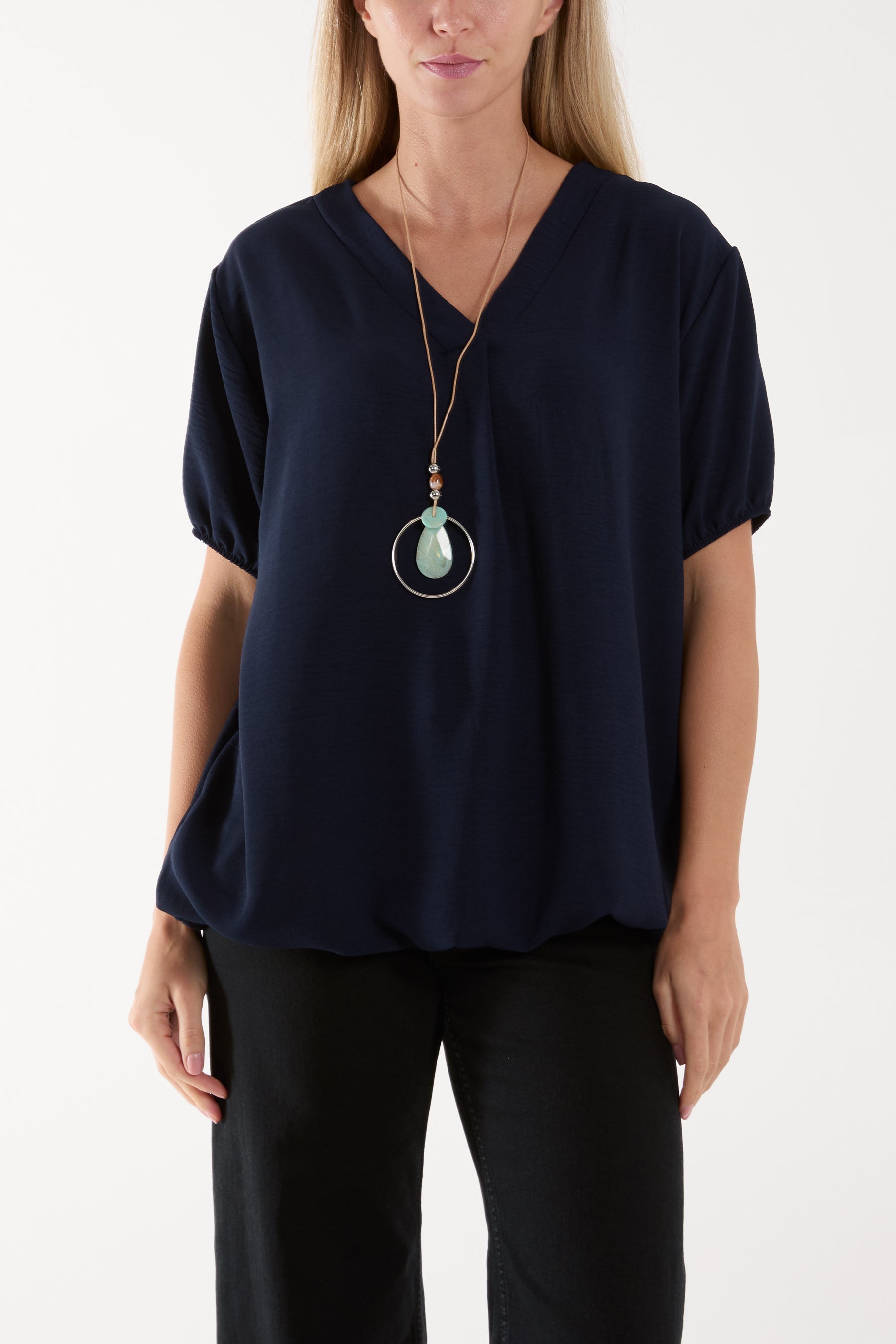 Necklace V-neck Bubble Hem Top Blouses WearAll Navy One Size