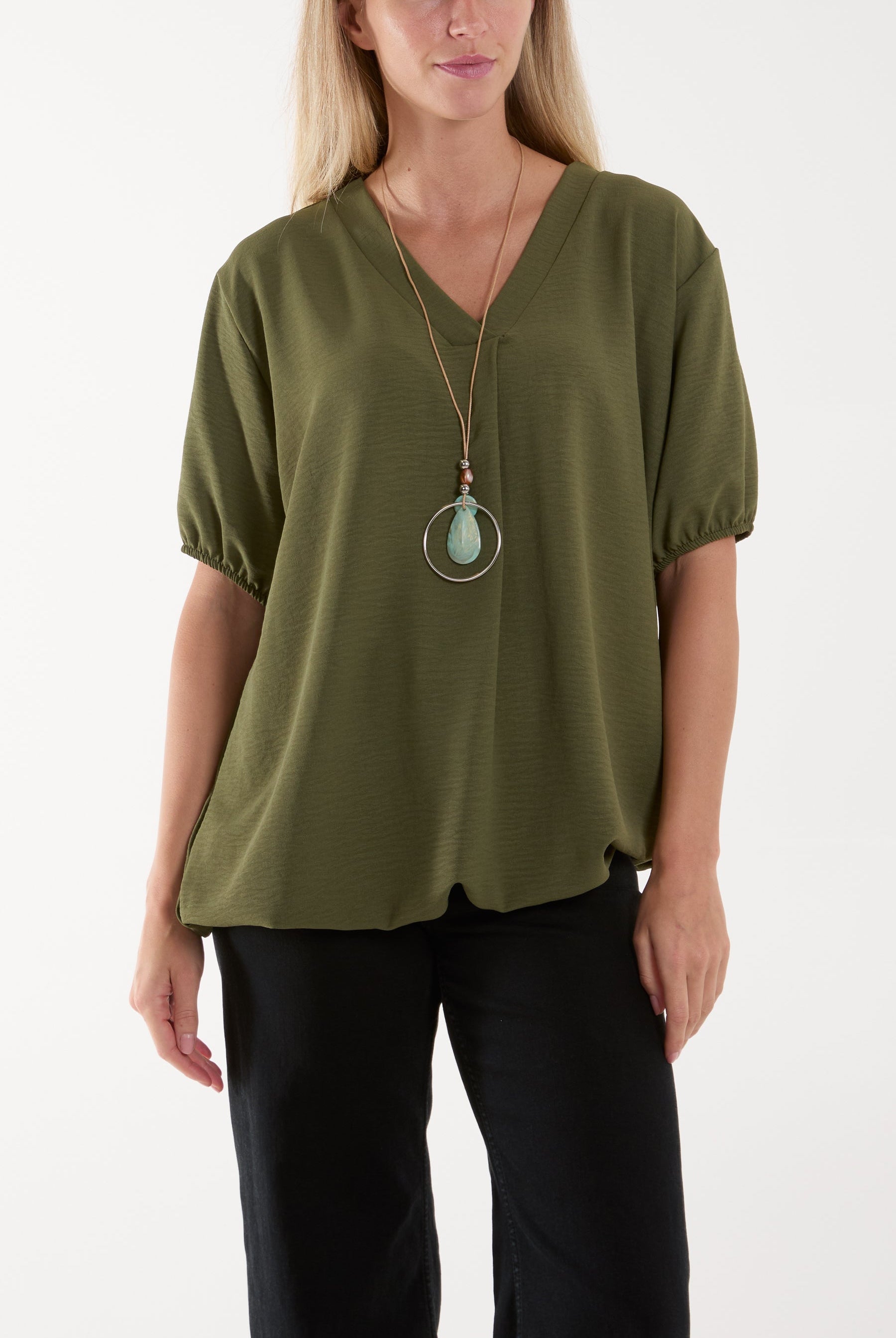 Necklace V-neck Bubble Hem Top Blouses WearAll Khaki One Size