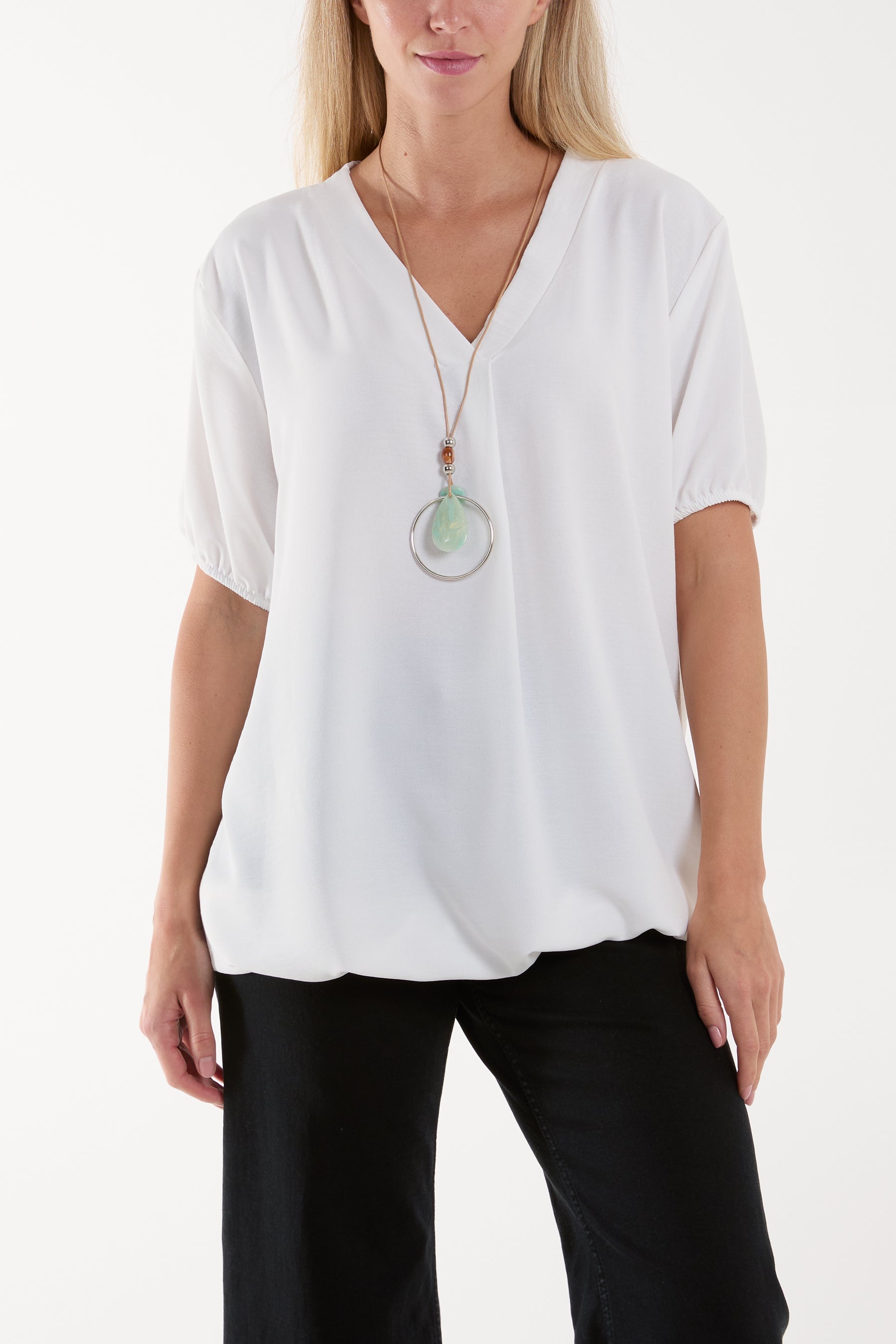 Necklace V-neck Bubble Hem Top Blouses WearAll